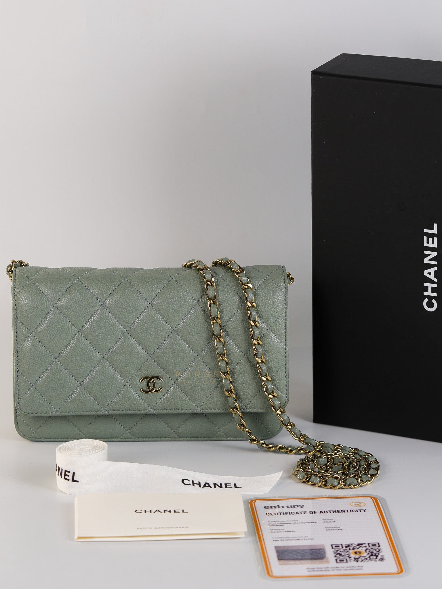 Wallet on Chain(WOC) Light Green Caviar Leather Light Gold Hardware(Microchip) | Purse Maison Luxury Bags Shop