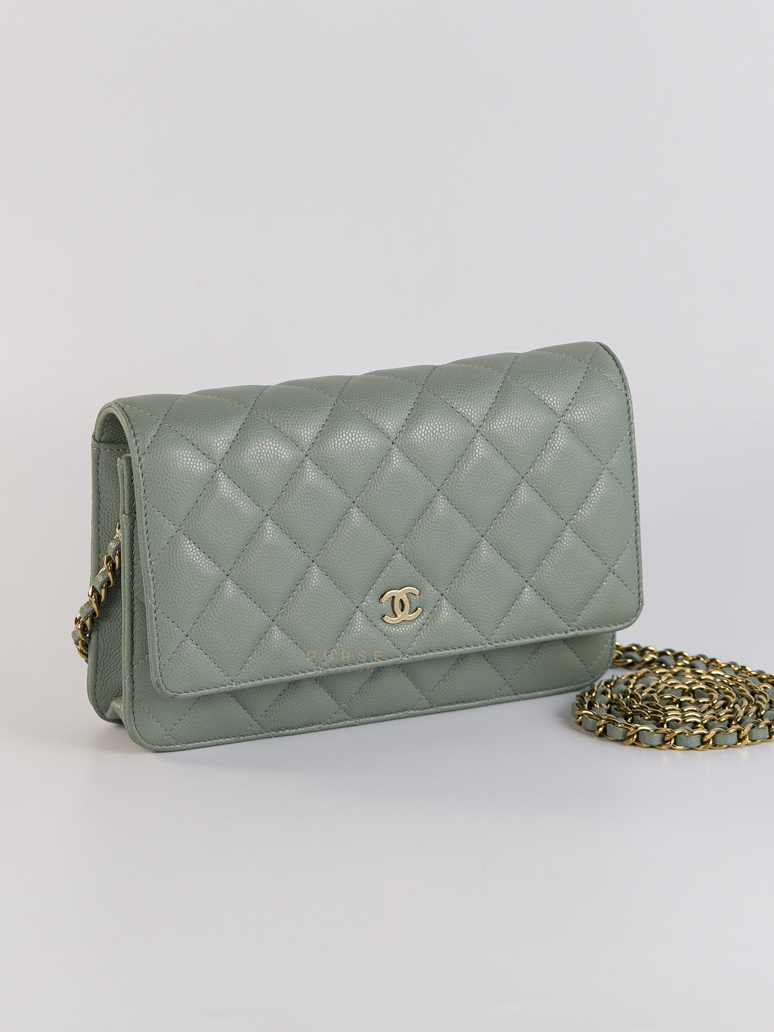 Wallet on Chain(WOC) Light Green Caviar Leather Light Gold Hardware(Microchip) | Purse Maison Luxury Bags Shop