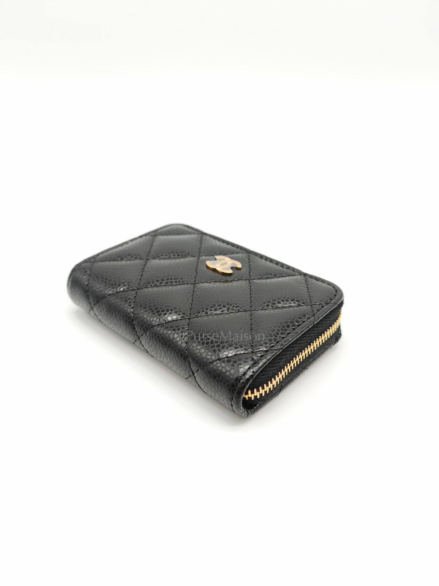 Zipped Card Holder in Black Caviar Leather & Gold Hardware Microchip