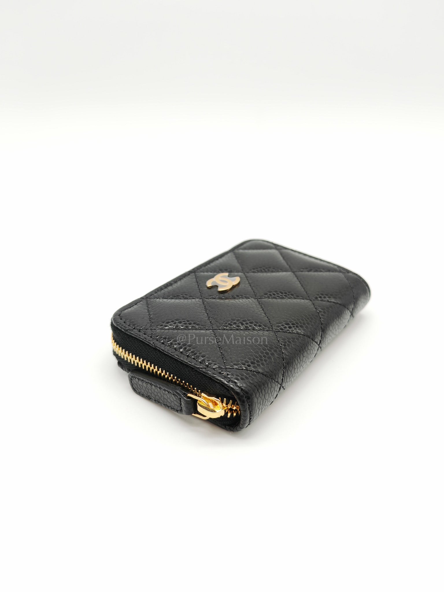 Zipped Card Holder in Black Caviar Leather & Gold Hardware Microchip
