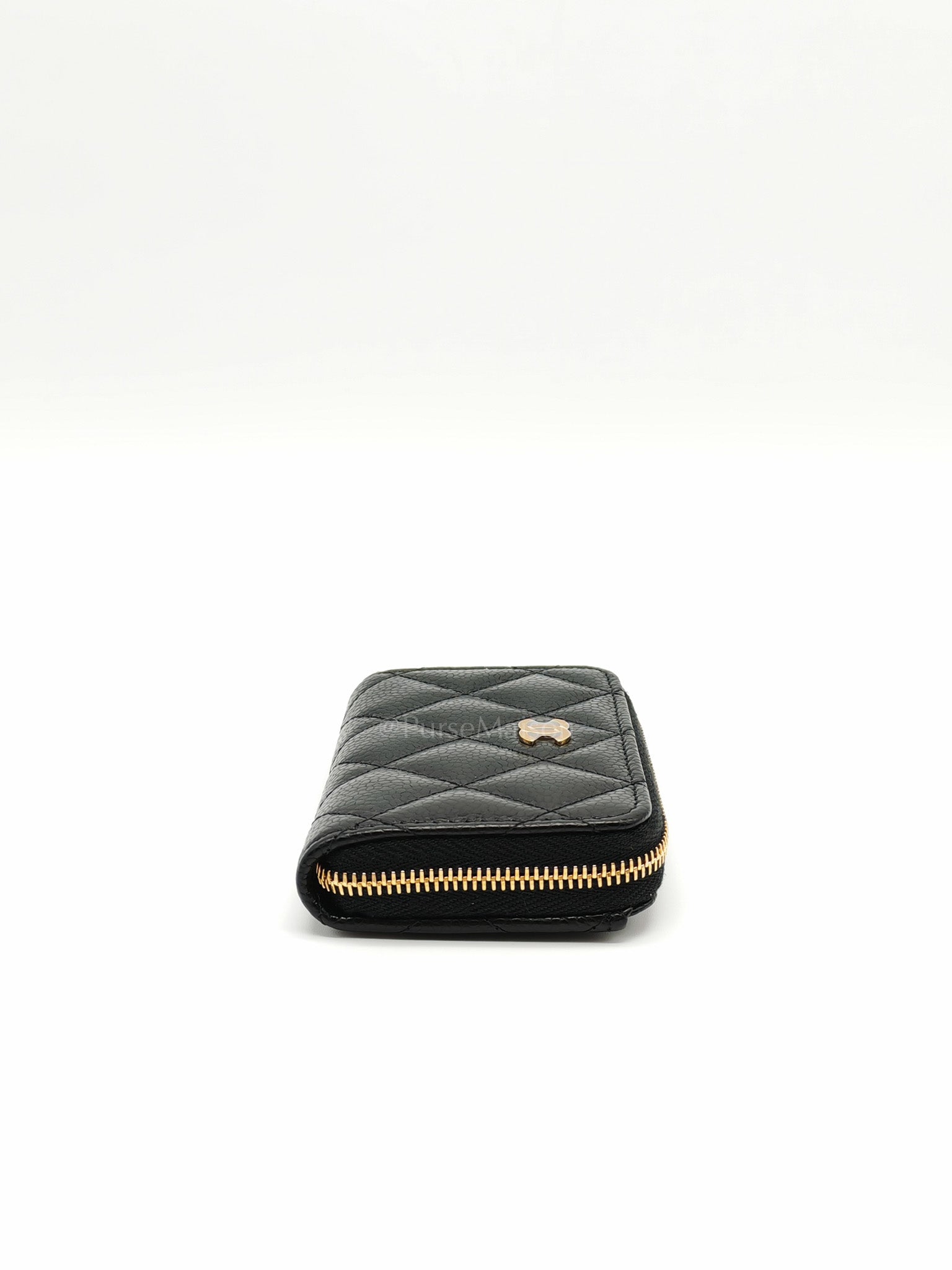 Zipped Card Holder in Black Caviar Leather & Gold Hardware Microchip