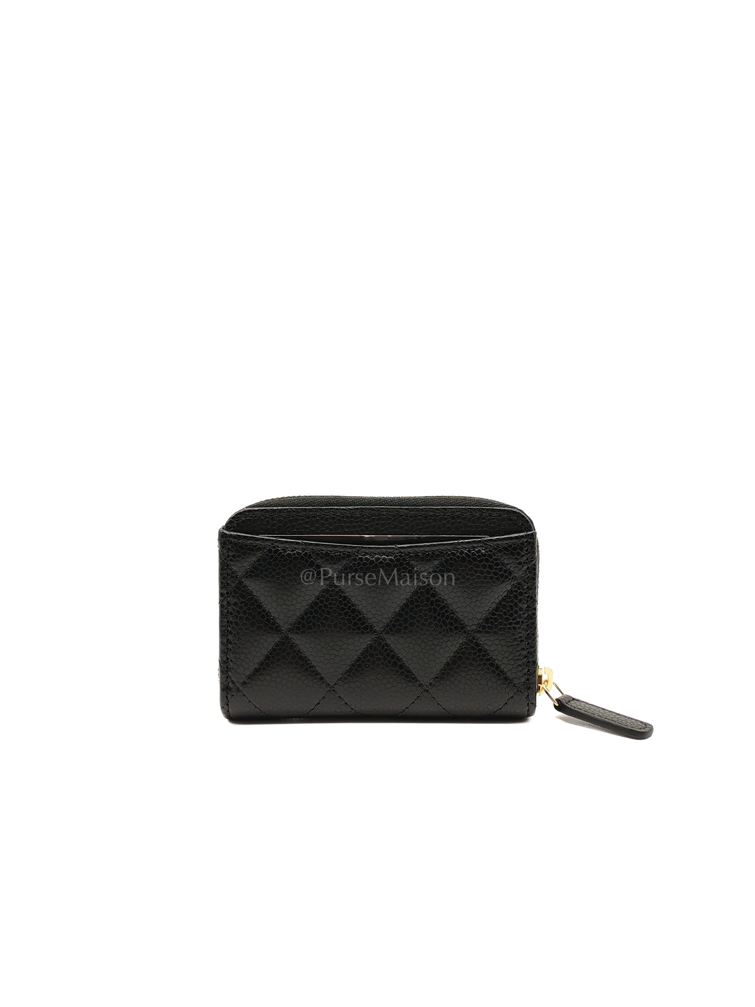 Zipped Card Holder in Black Caviar Leather & Gold Hardware Microchip
