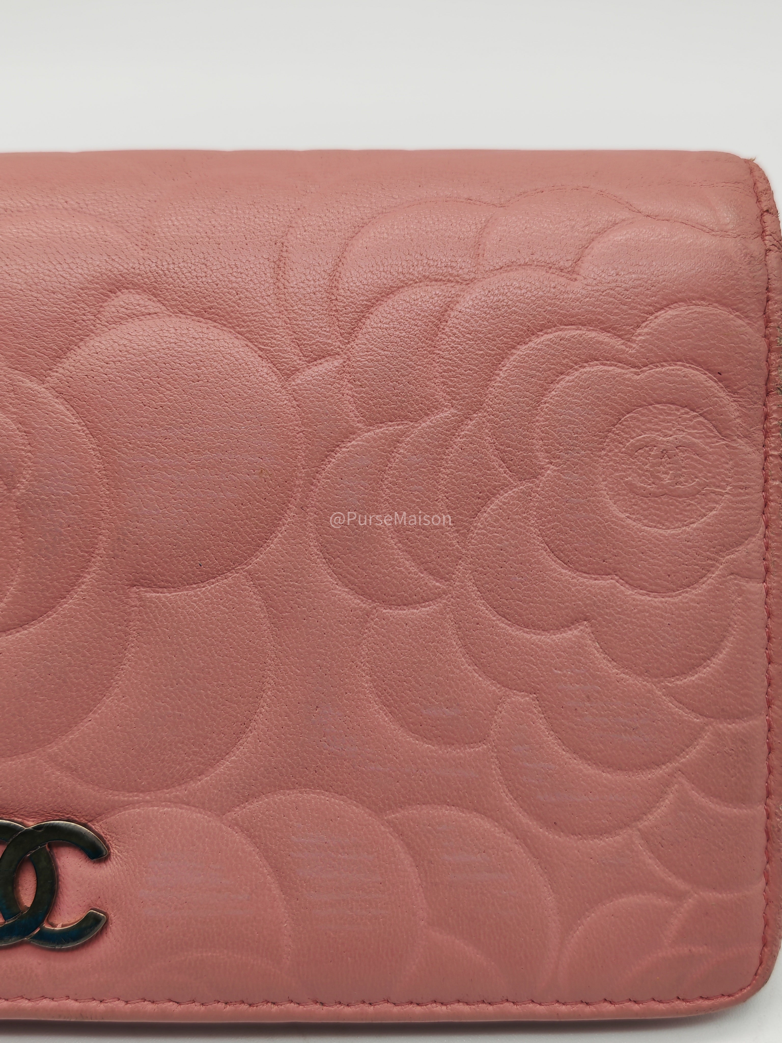 Chanel Camellia Emobossed Long Wallet in Peach Pink Lambskin Leather and Silver Hardware Series 15
