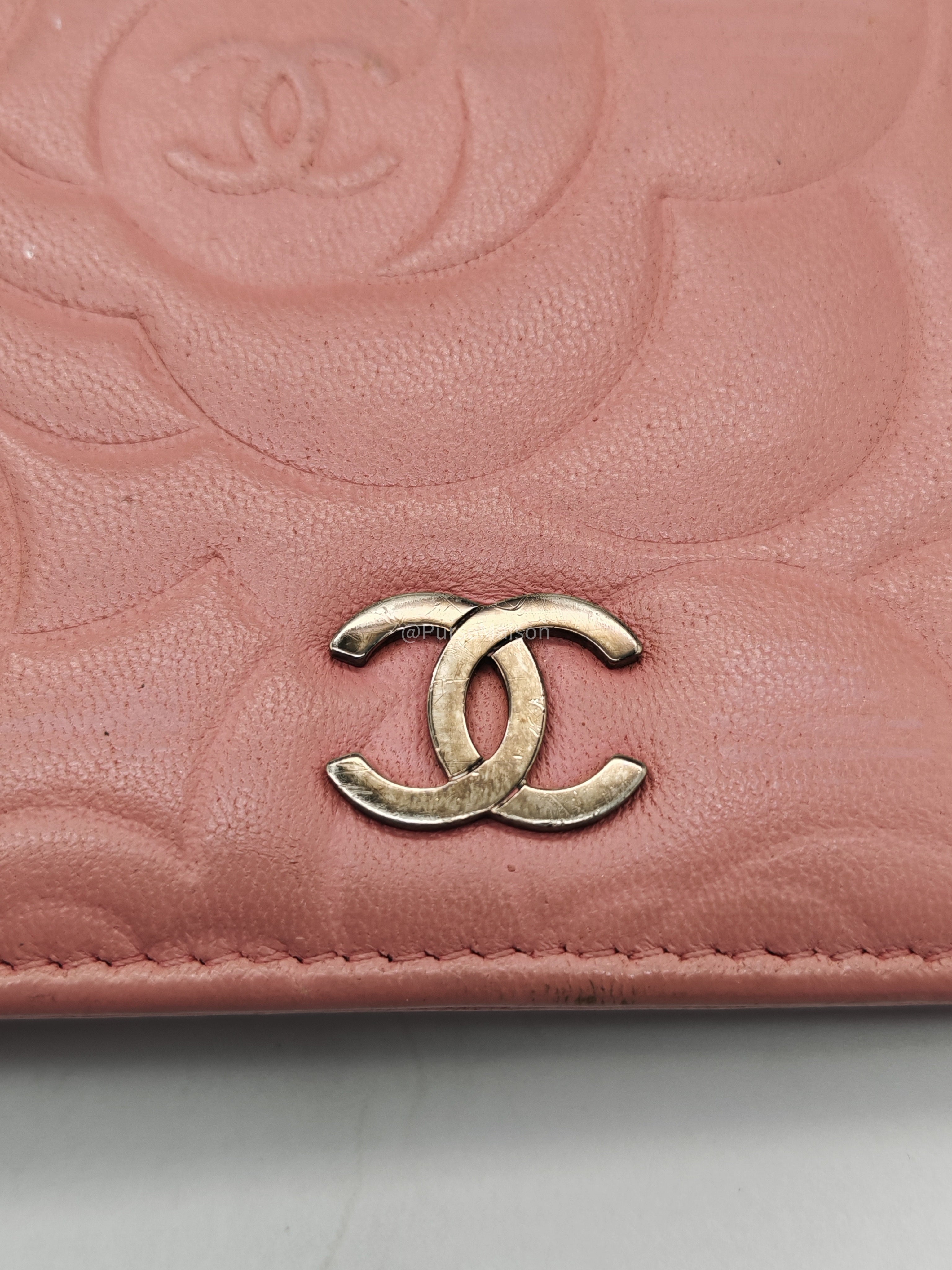 Chanel Camellia Emobossed Long Wallet in Peach Pink Lambskin Leather and Silver Hardware Series 15