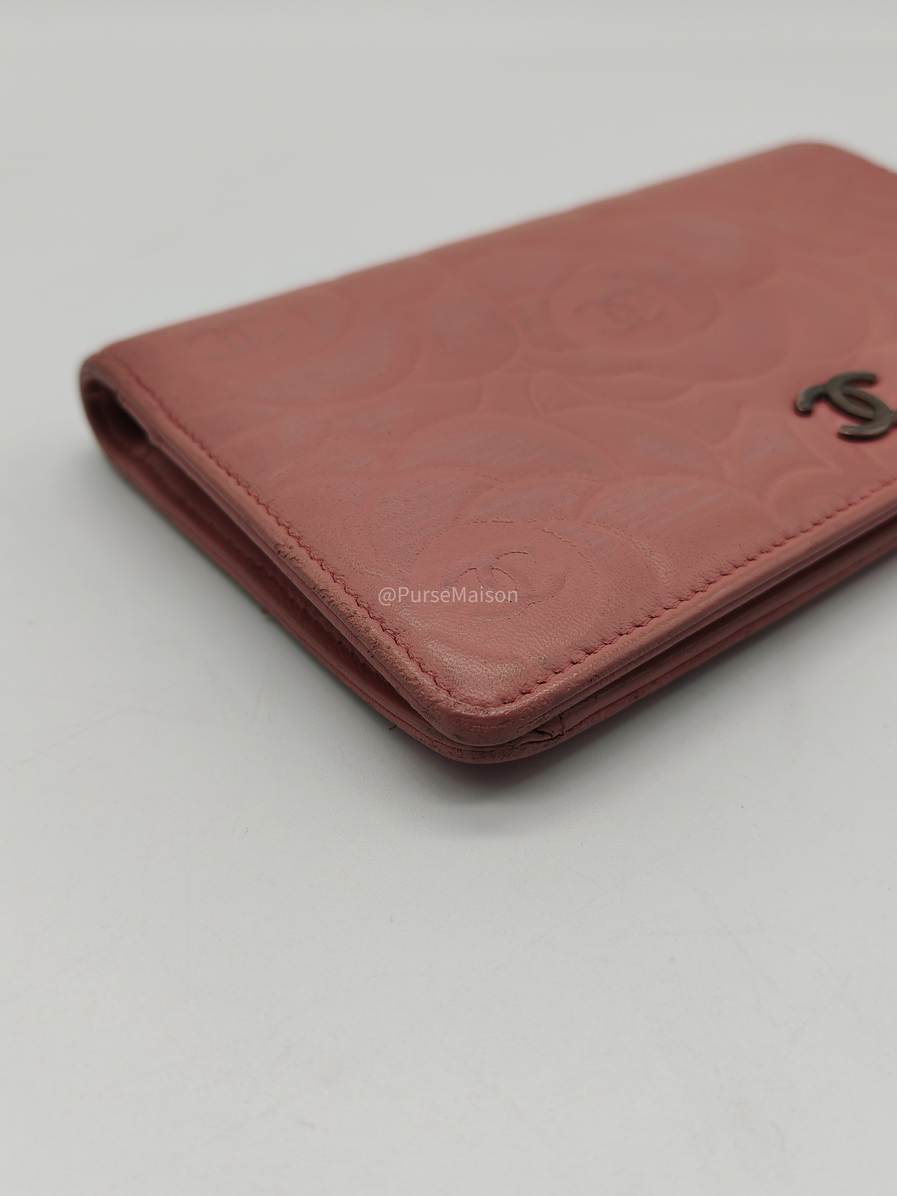 Chanel Camellia Emobossed Long Wallet in Peach Pink Lambskin Leather and Silver Hardware Series 15