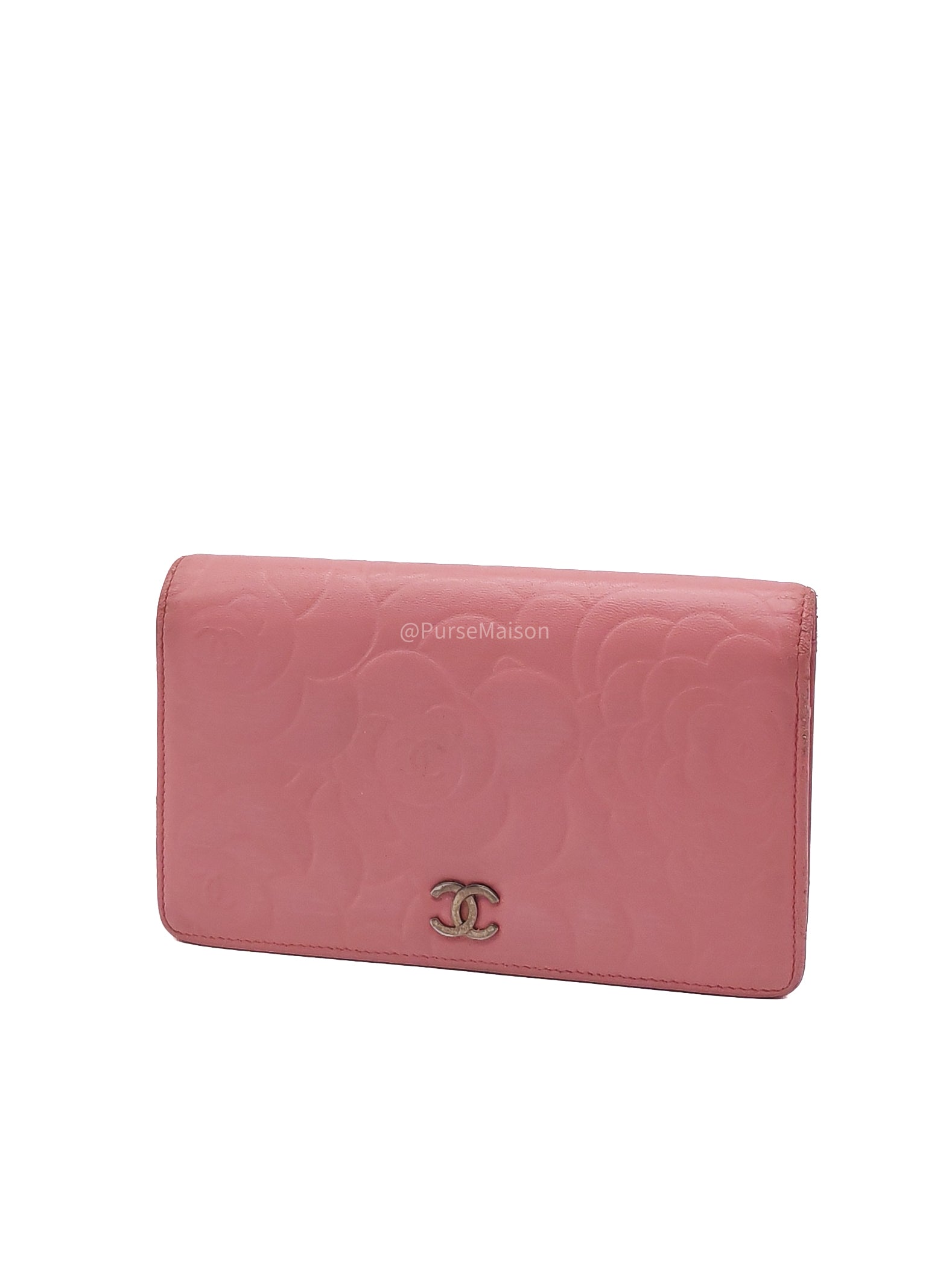 Chanel Camellia Emobossed Long Wallet in Peach Pink Lambskin Leather and Silver Hardware Series 15