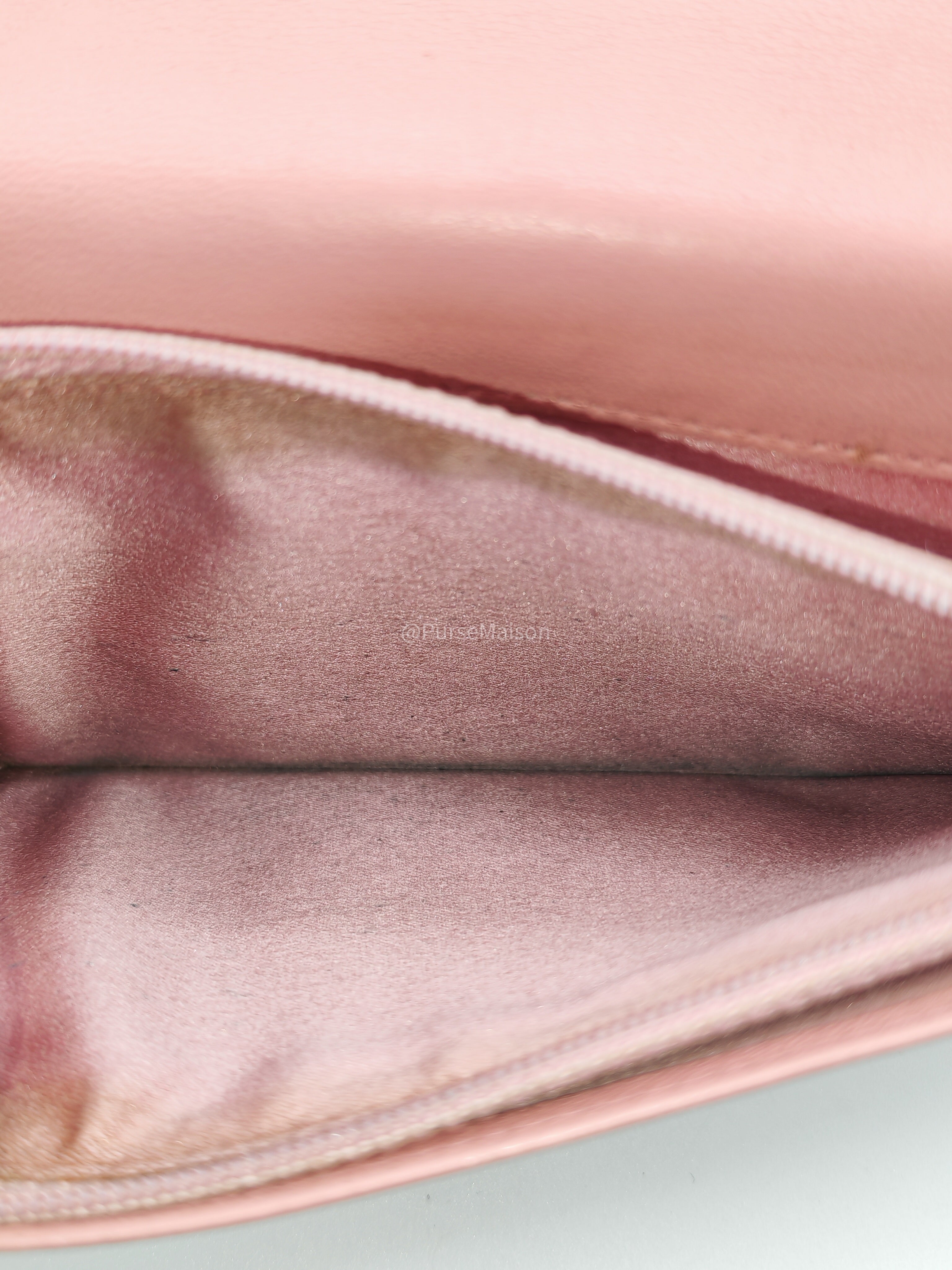 Chanel Camellia Emobossed Long Wallet in Peach Pink Lambskin Leather and Silver Hardware Series 15