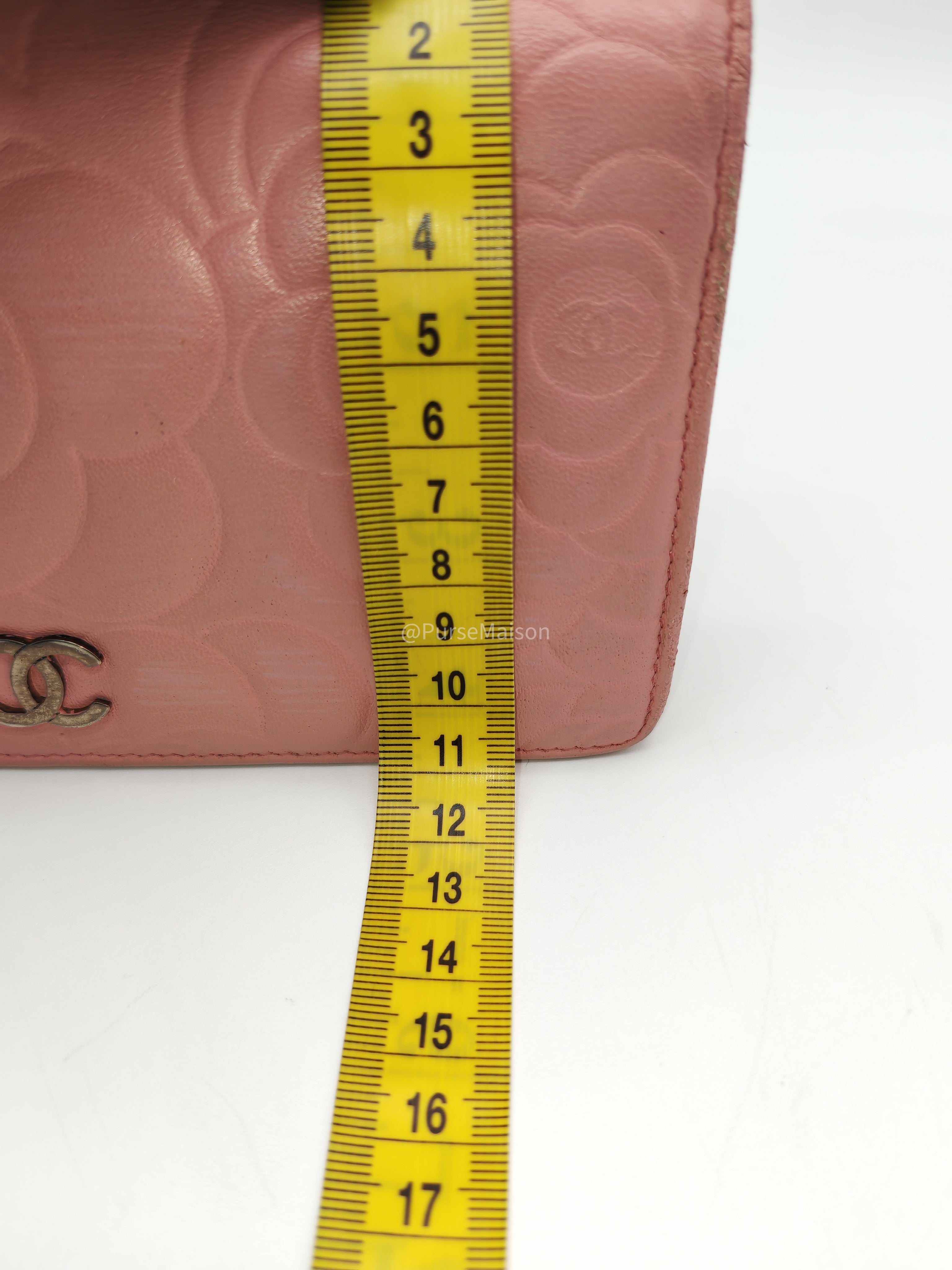 Chanel Camellia Emobossed Long Wallet in Peach Pink Lambskin Leather and Silver Hardware Series 15