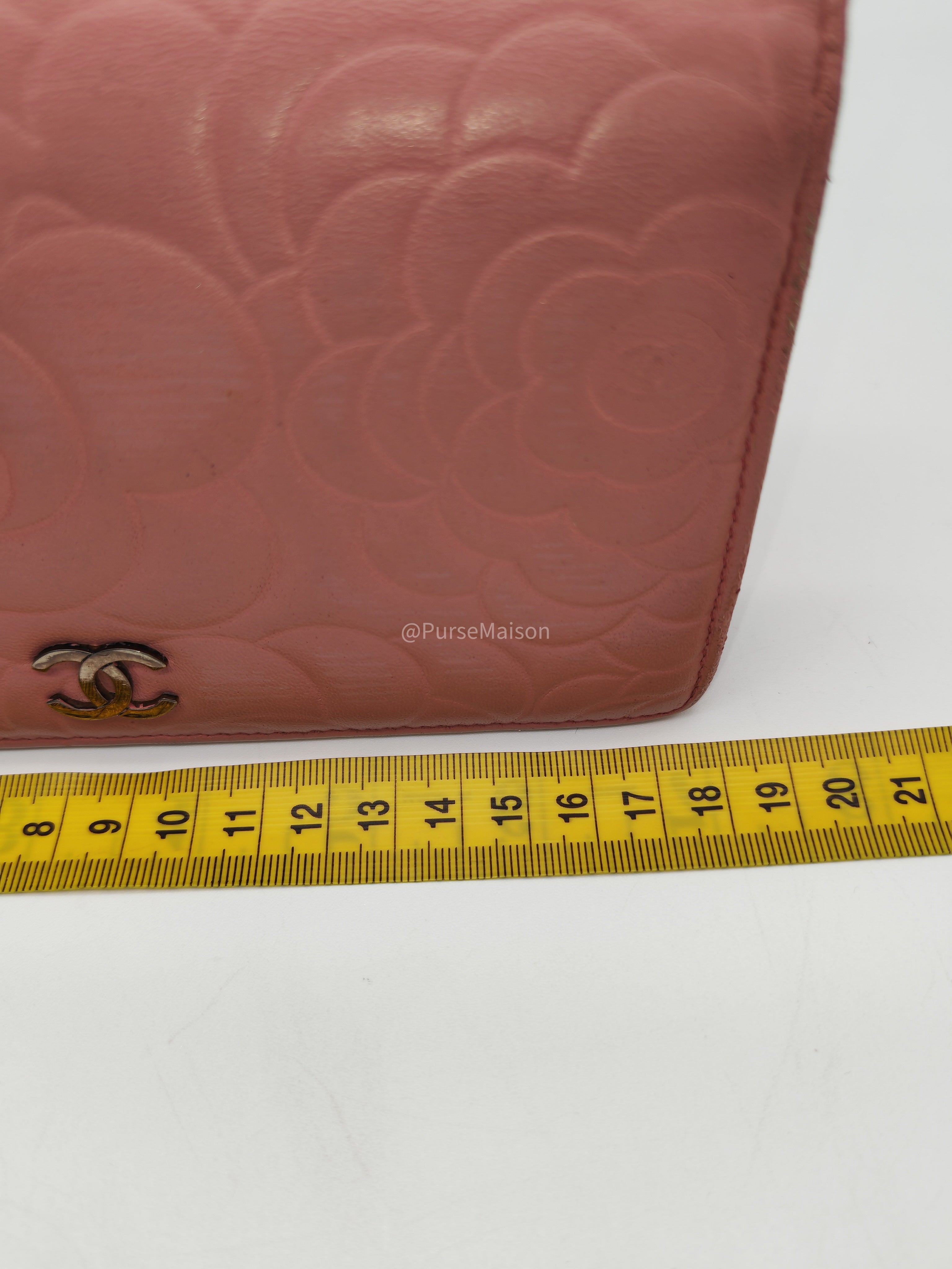 Chanel Camellia Emobossed Long Wallet in Peach Pink Lambskin Leather and Silver Hardware Series 15