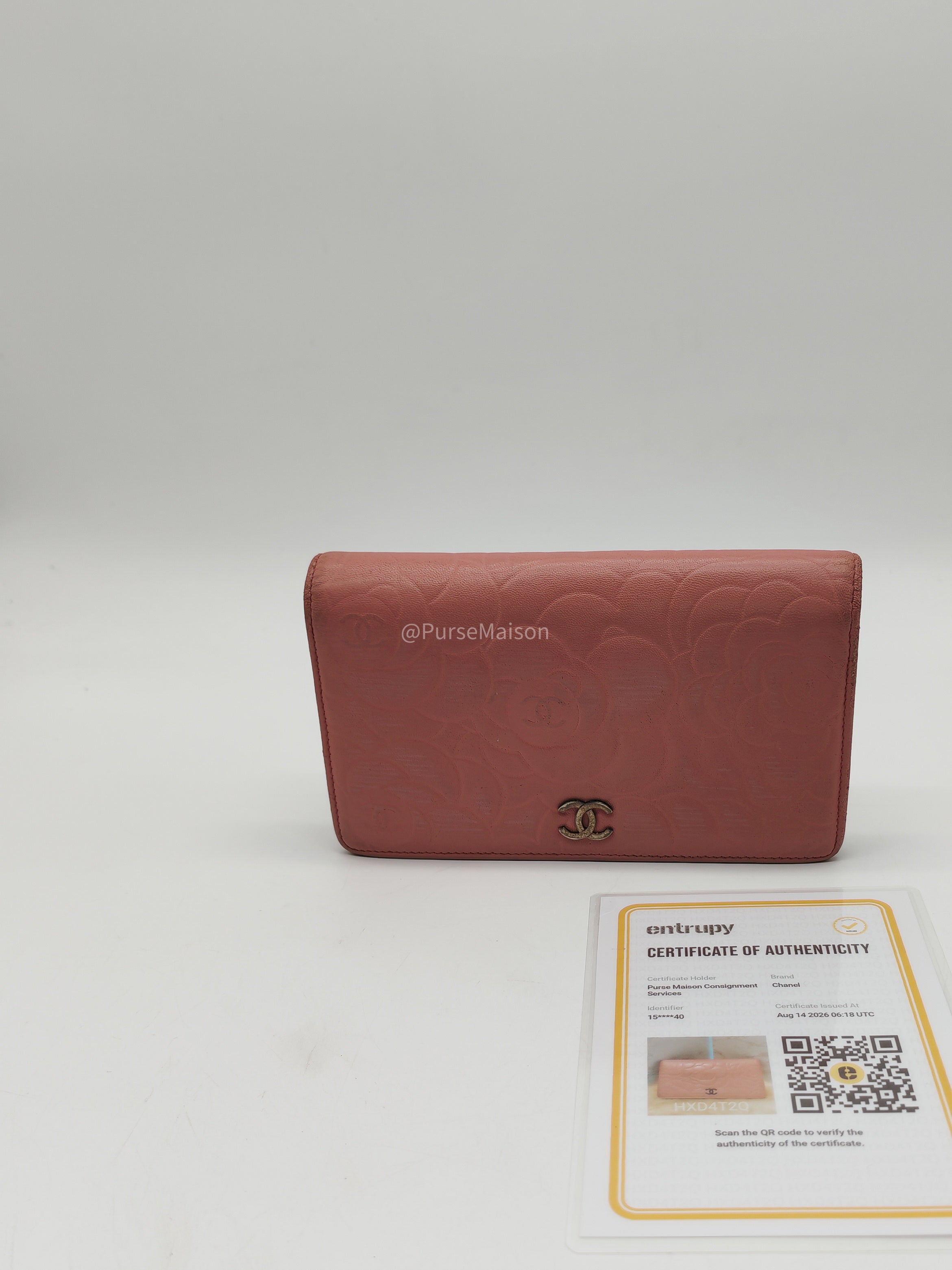 Chanel Camellia Emobossed Long Wallet in Peach Pink Lambskin Leather and Silver Hardware Series 15