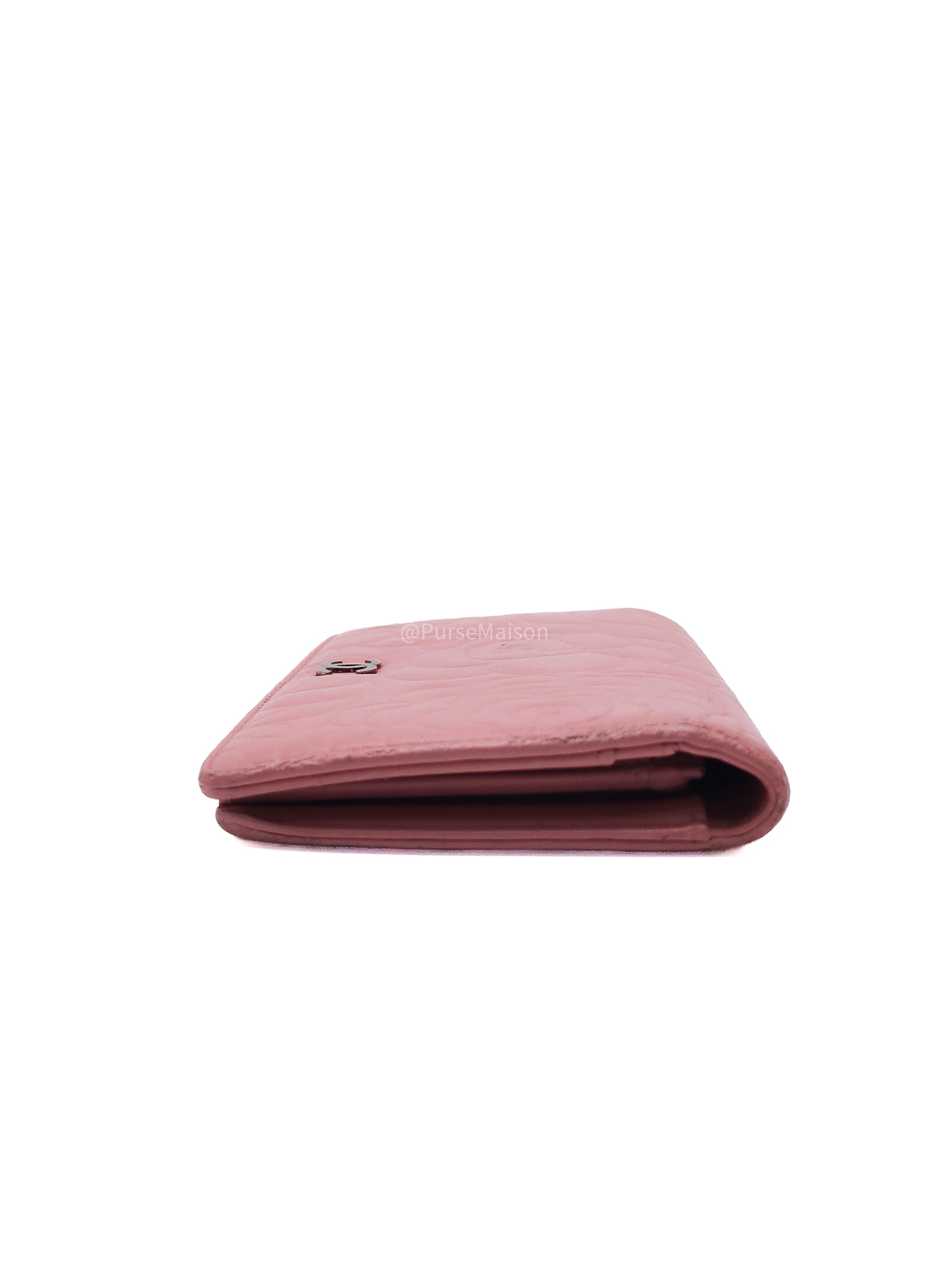 Chanel Camellia Emobossed Long Wallet in Peach Pink Lambskin Leather and Silver Hardware Series 15