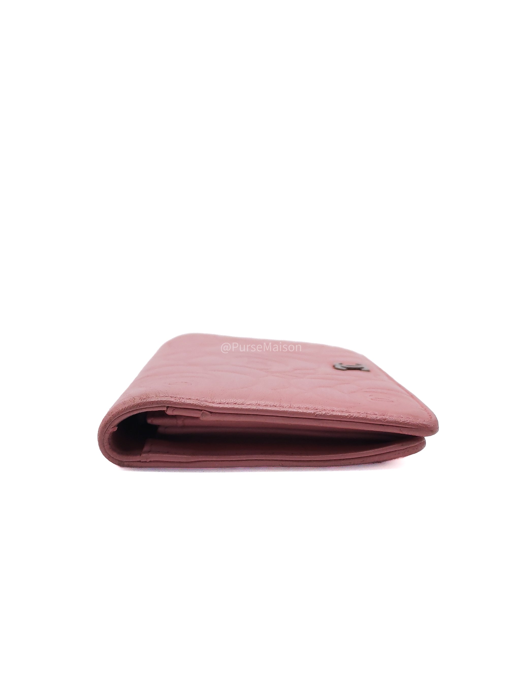Chanel Camellia Emobossed Long Wallet in Peach Pink Lambskin Leather and Silver Hardware Series 15