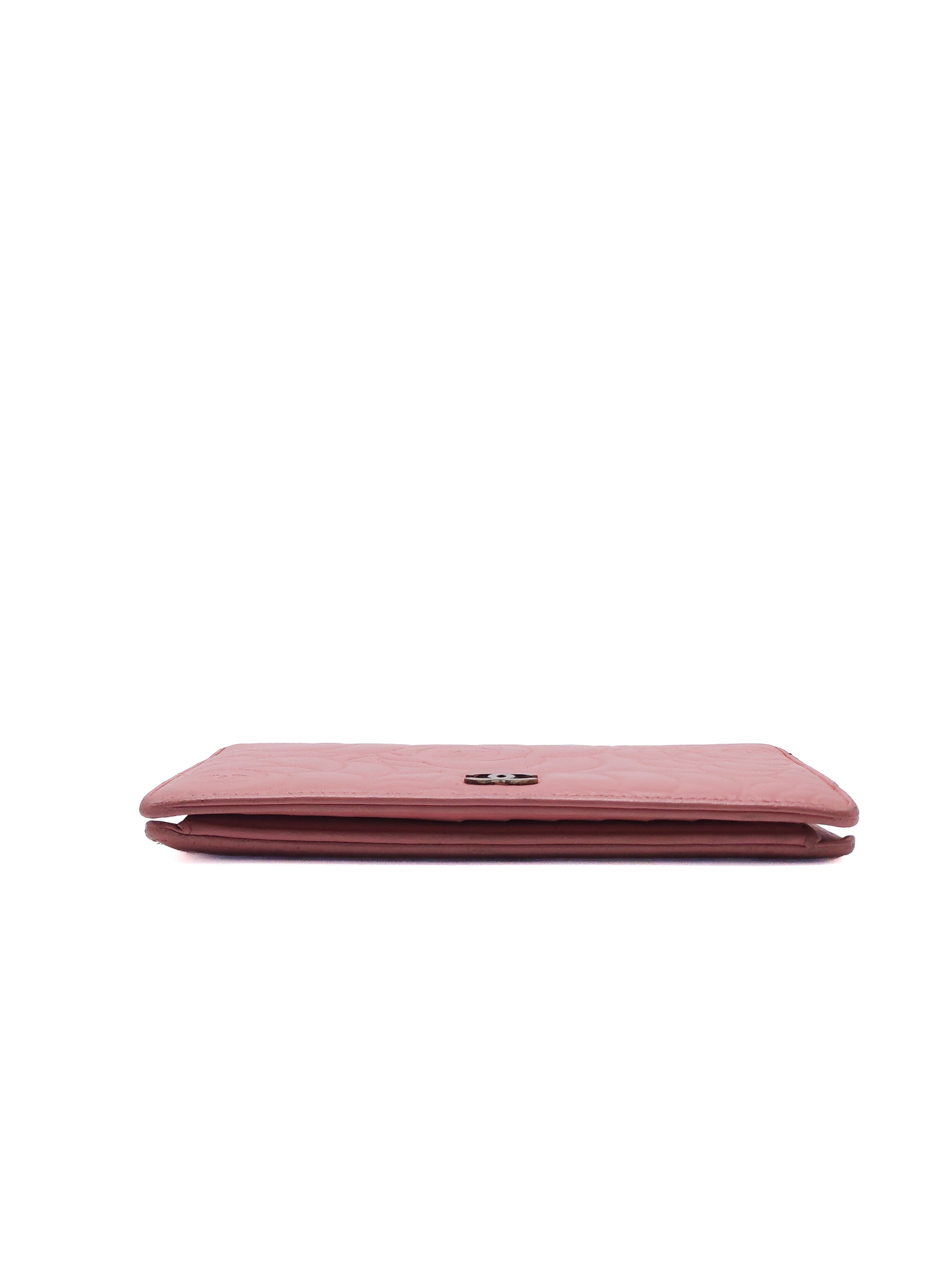 Chanel Camellia Emobossed Long Wallet in Peach Pink Lambskin Leather and Silver Hardware Series 15