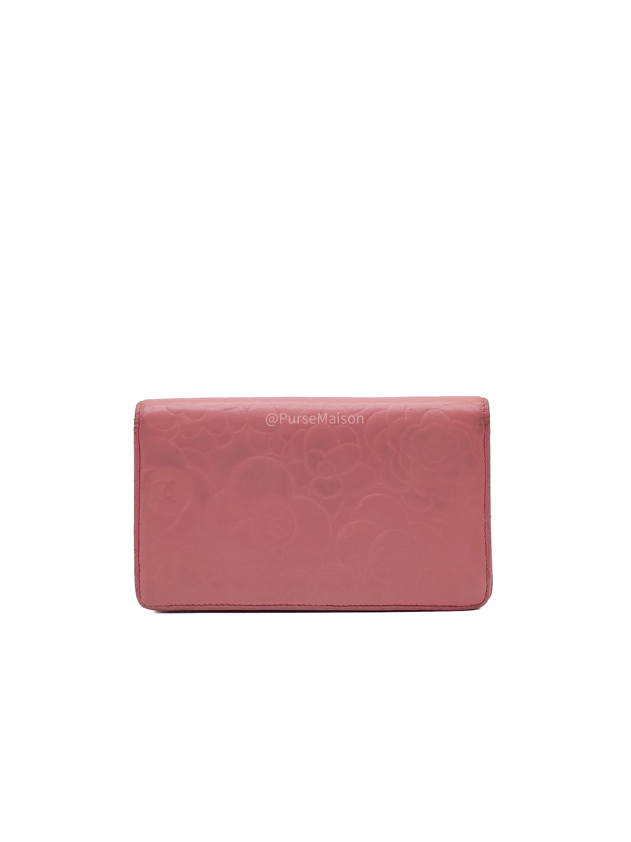 Chanel Camellia Emobossed Long Wallet in Peach Pink Lambskin Leather and Silver Hardware Series 15