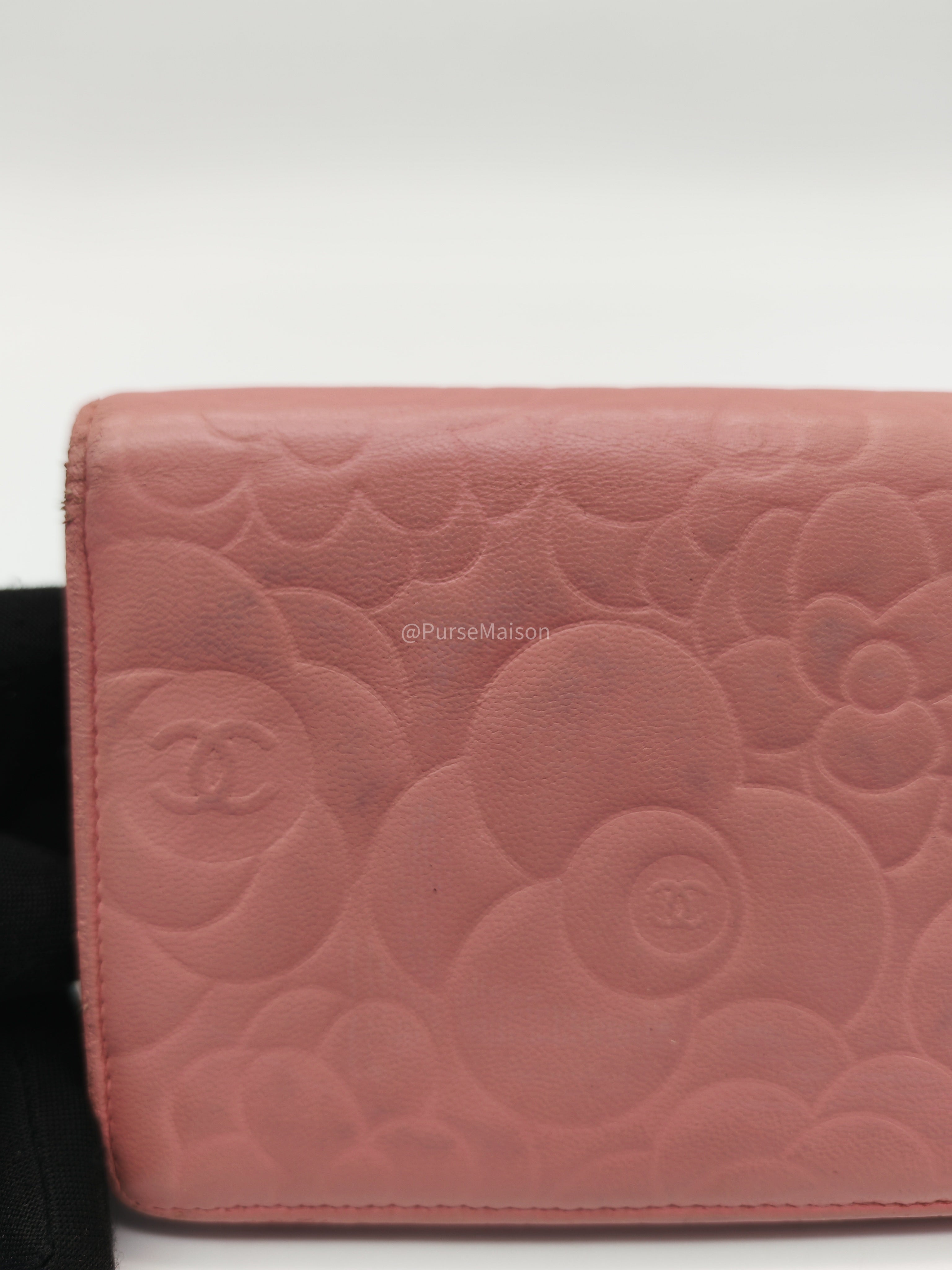 Chanel Camellia Emobossed Long Wallet in Peach Pink Lambskin Leather and Silver Hardware Series 15