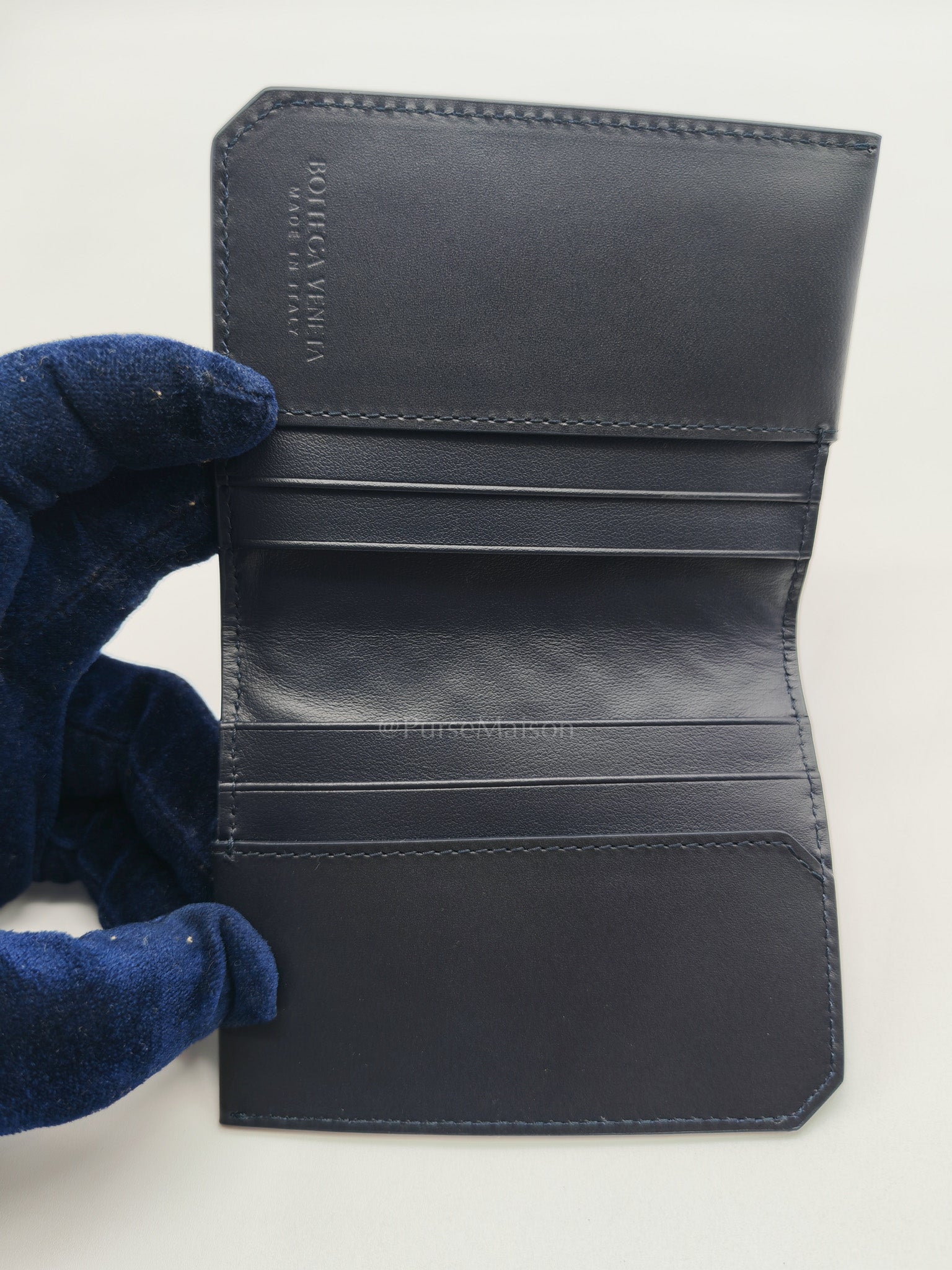 Intercciato Piccolo Bi-fold Wallet in Navy Blue Woven Leather
