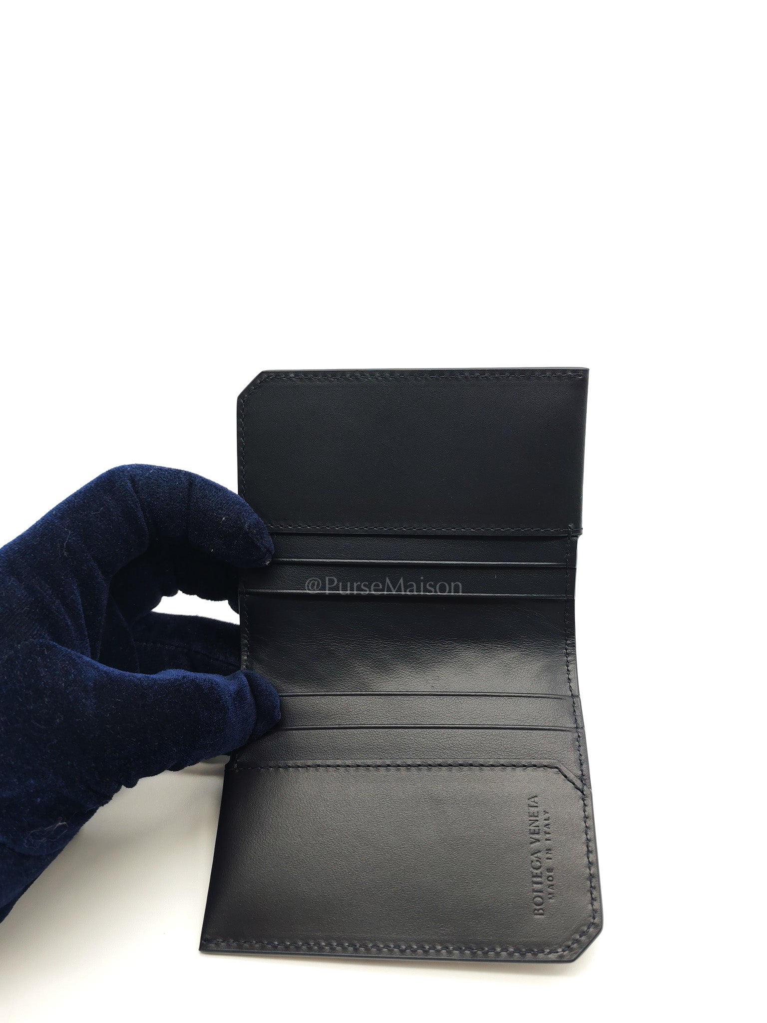 Intercciato Piccolo Bi-fold Wallet in Navy Blue Woven Leather