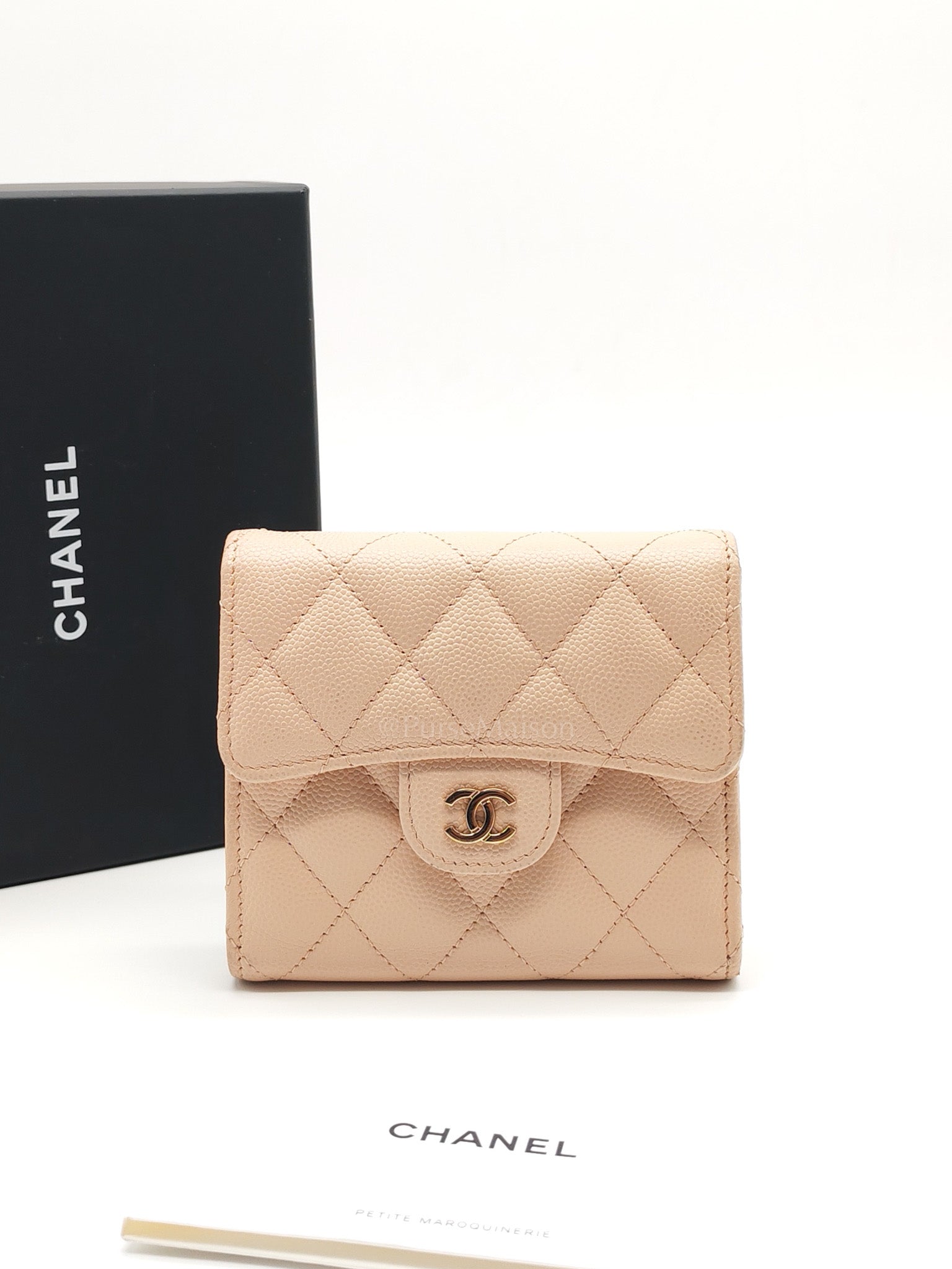 Classic Coin Case Flap Compact Wallet in Iredescent Beige Quilted Caviar Leather & Gold Hardware Series 31