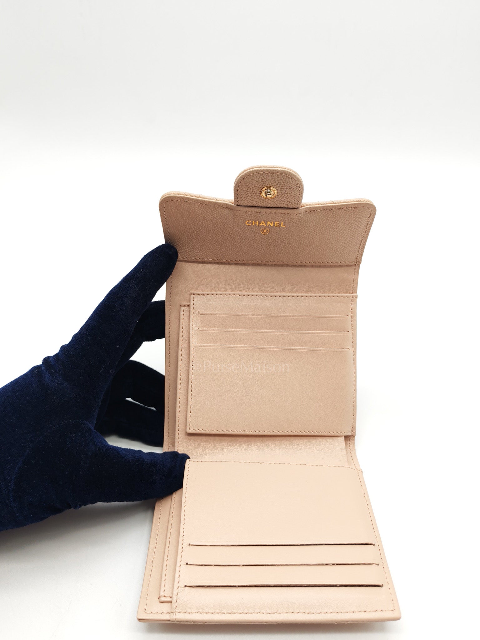 Classic Coin Case Flap Compact Wallet in Iredescent Beige Quilted Caviar Leather & Gold Hardware Series 31