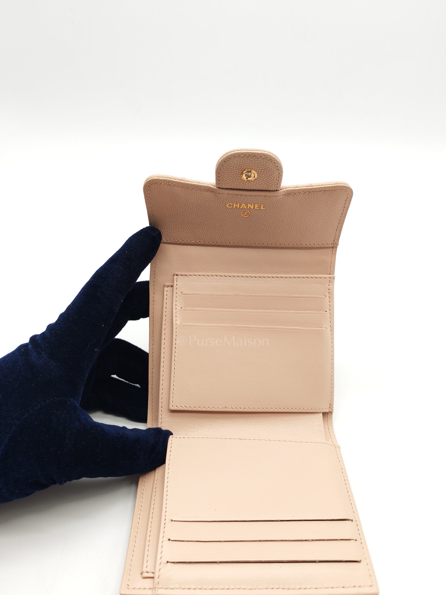 Classic Coin Case Flap Compact Wallet in Iredescent Beige Quilted Caviar Leather & Gold Hardware Series 31