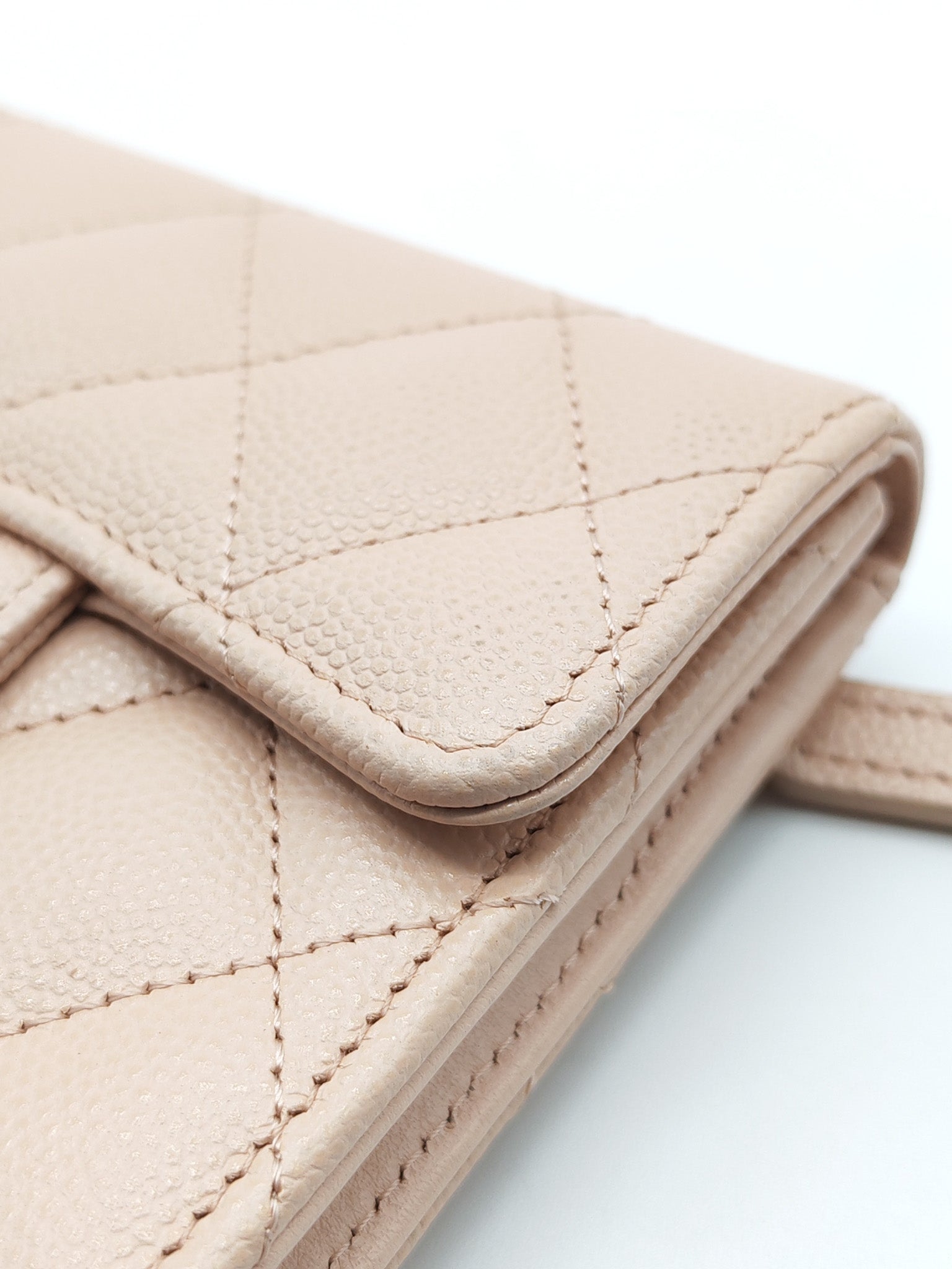 Classic Coin Case Flap Compact Wallet in Iredescent Beige Quilted Caviar Leather & Gold Hardware Series 31
