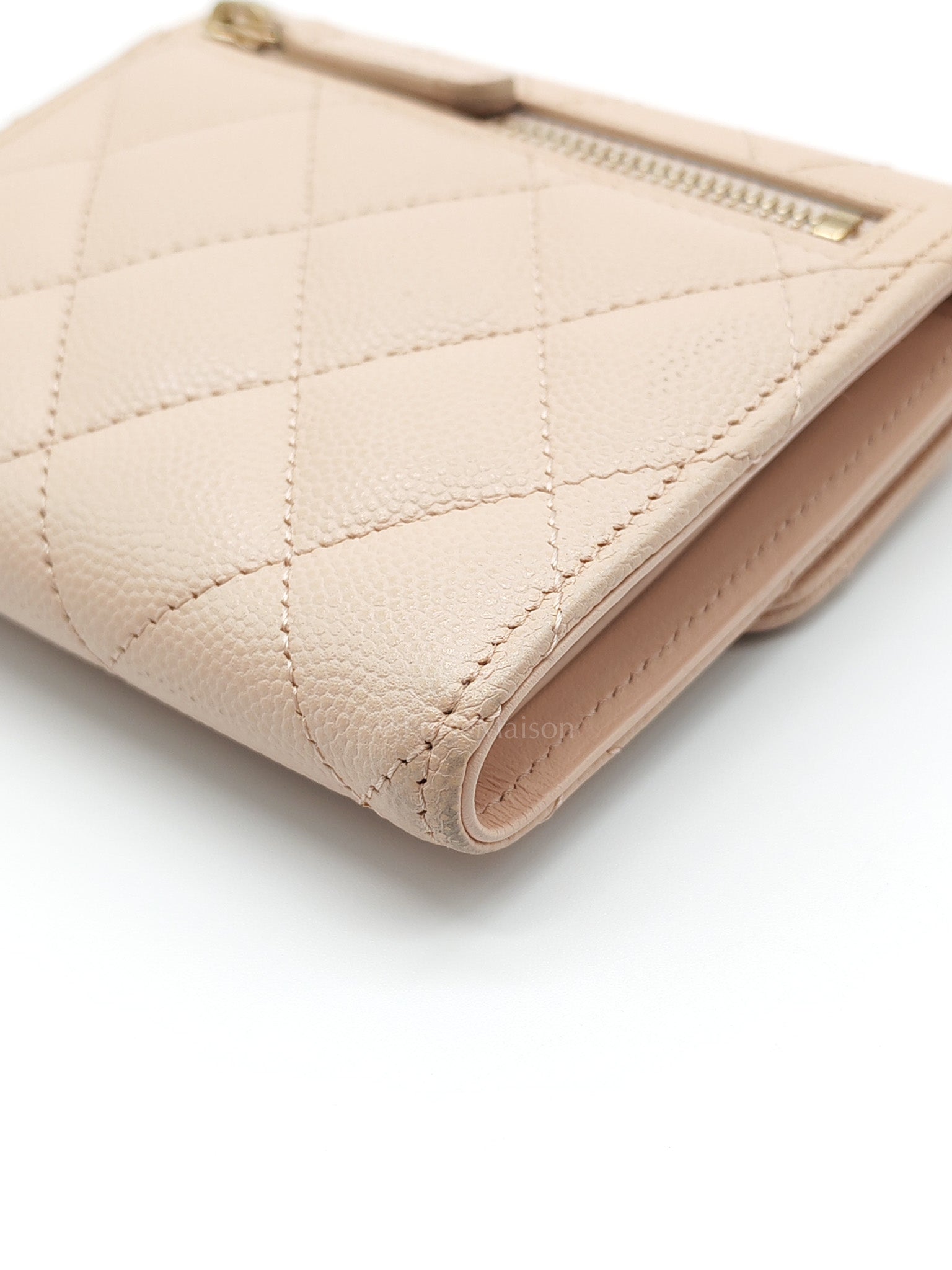 Classic Coin Case Flap Compact Wallet in Iredescent Beige Quilted Caviar Leather & Gold Hardware Series 31
