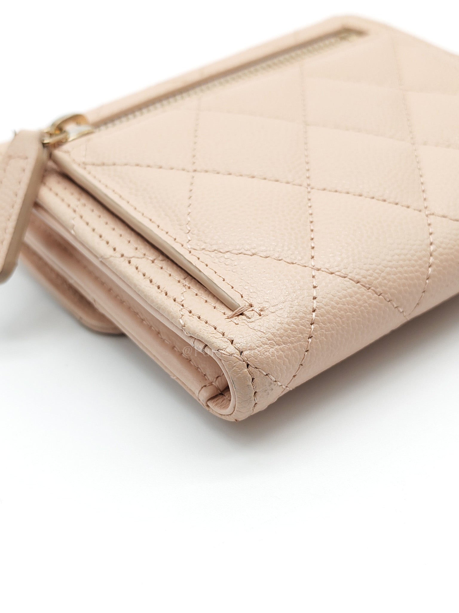Classic Coin Case Flap Compact Wallet in Iredescent Beige Quilted Caviar Leather & Gold Hardware Series 31