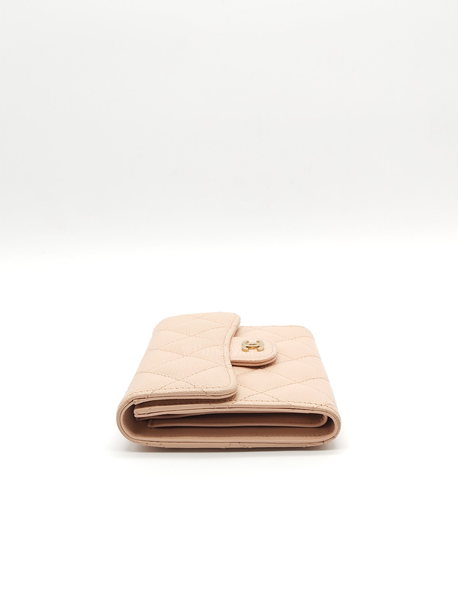 Classic Coin Case Flap Compact Wallet in Iredescent Beige Quilted Caviar Leather & Gold Hardware Series 31