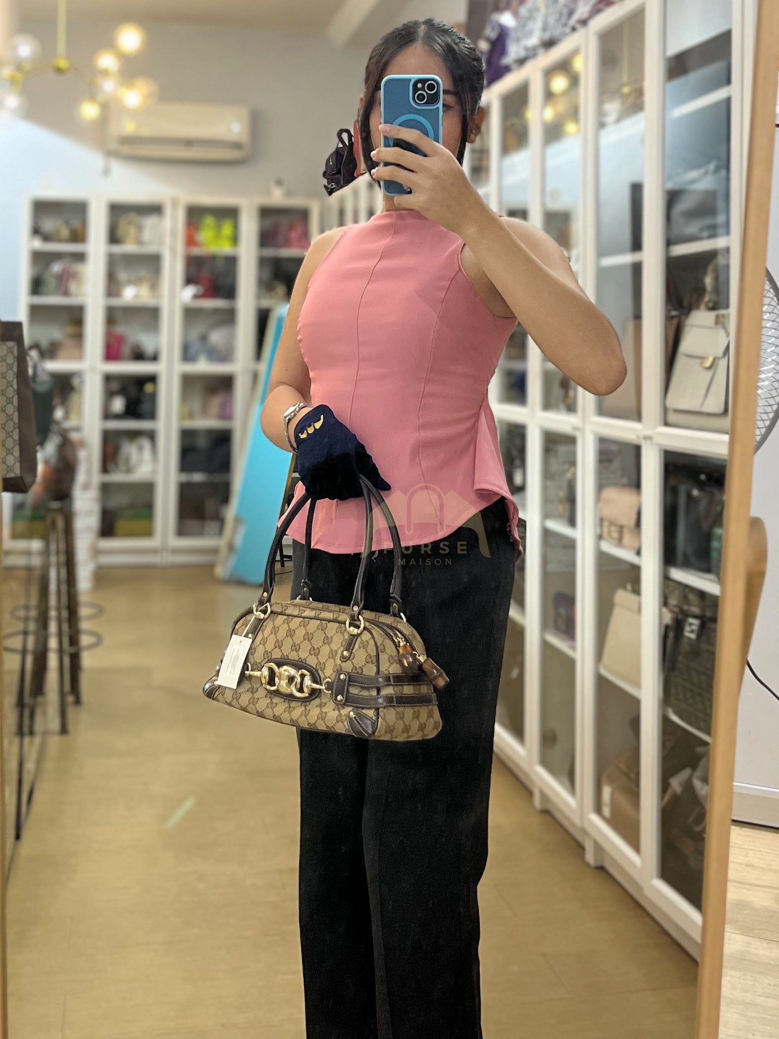 Wave Boston Medium in Beige/Ebony GG Canvas | Purse Maison Luxury Bags Shop