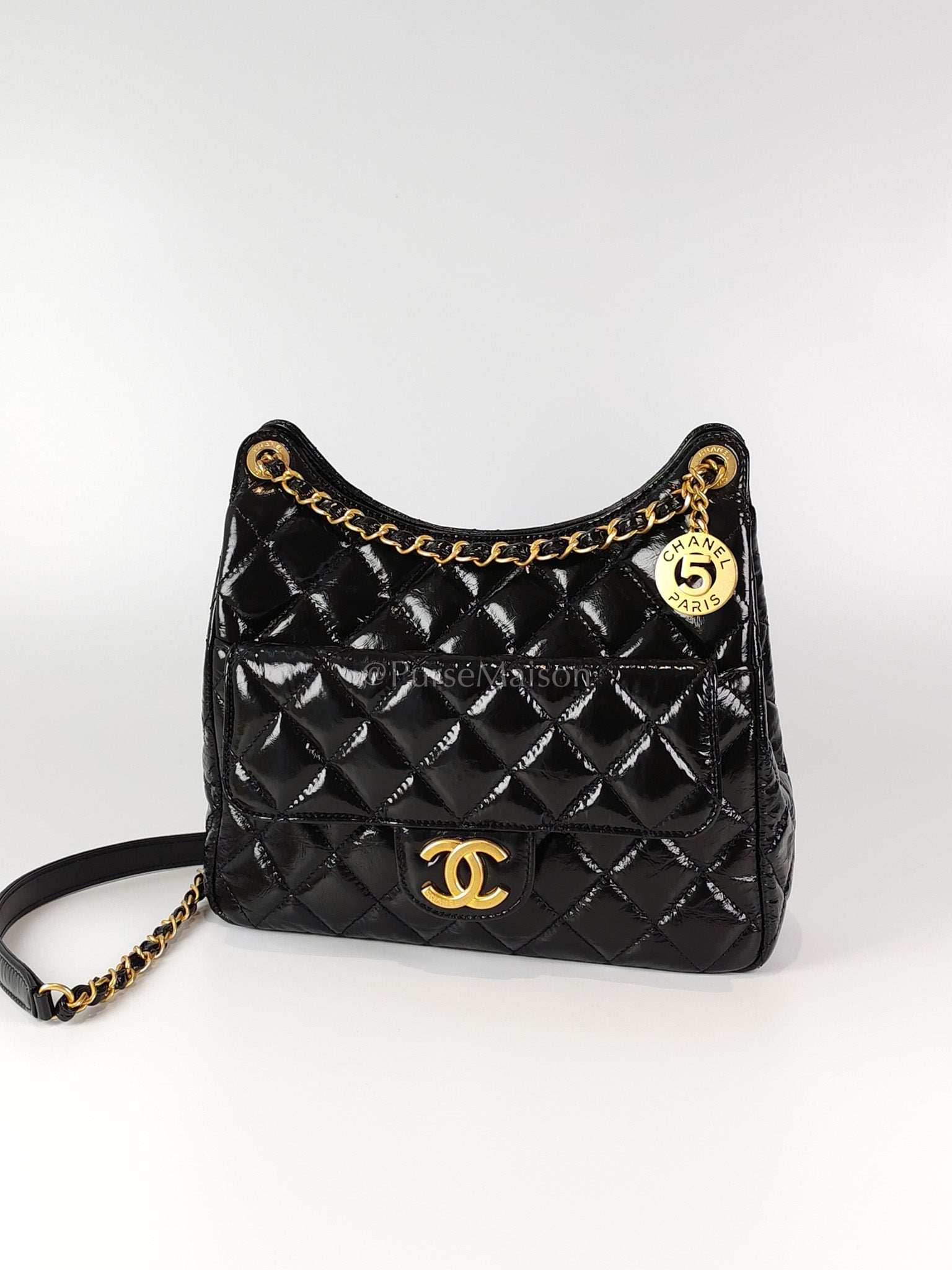 Wavy Hobo Bag in Black Quilted Crumpled Calfskin Leather Aged Gold Hardware (Microchip) | Purse Maison Luxury Bags Shop