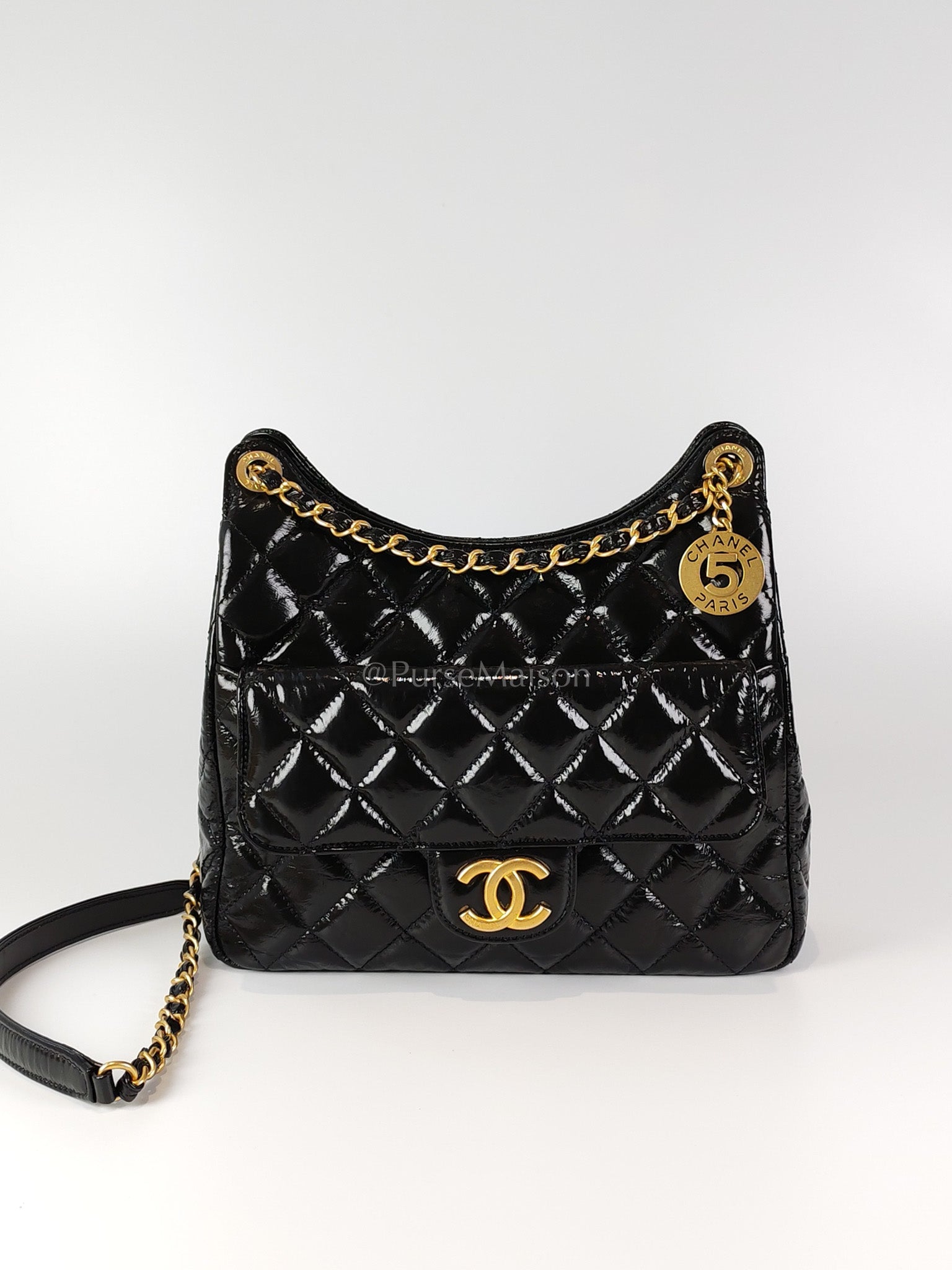 Wavy Hobo Bag in Black Quilted Crumpled Calfskin Leather Aged Gold Hardware (Microchip) | Purse Maison Luxury Bags Shop