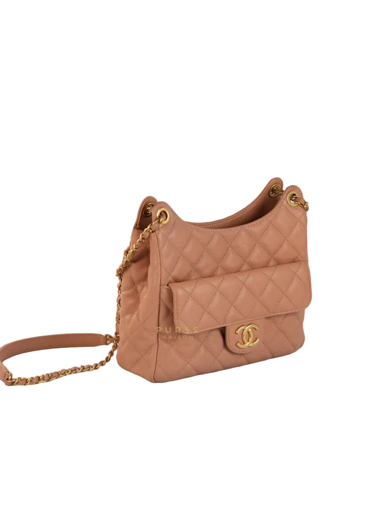 Wavy Small Hobo Caramel Caviar Leather in Aged Gold Hardware (Microchip) | Purse Maison Luxury Bags Shop