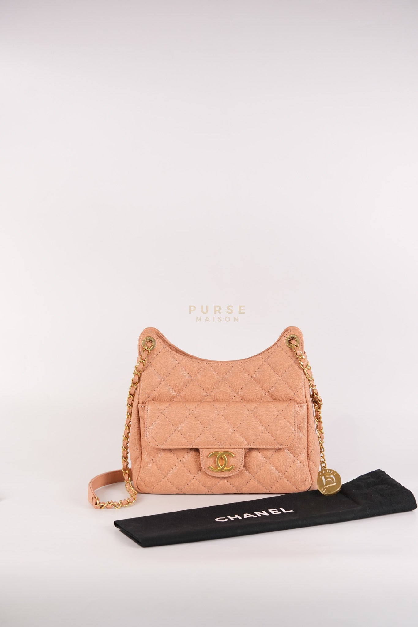 Wavy Small Hobo Caramel Caviar Leather in Aged Gold Hardware (Microchip) | Purse Maison Luxury Bags Shop