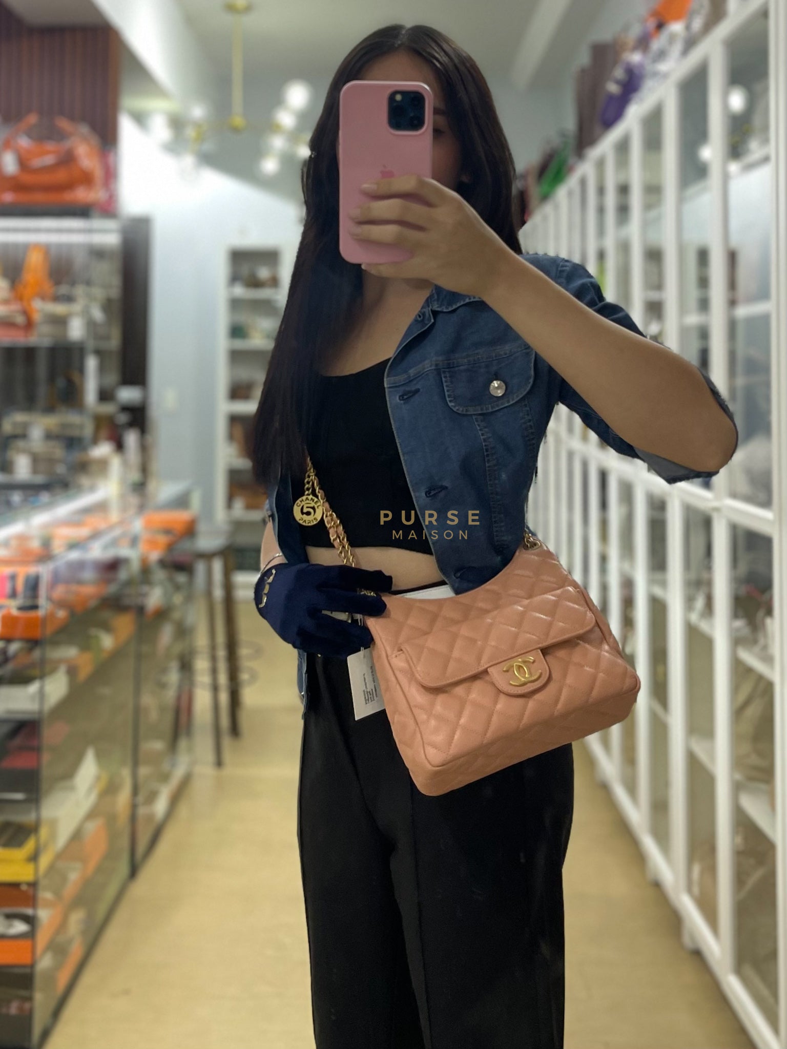 Wavy Small Hobo Caramel Caviar Leather in Aged Gold Hardware (Microchip) | Purse Maison Luxury Bags Shop