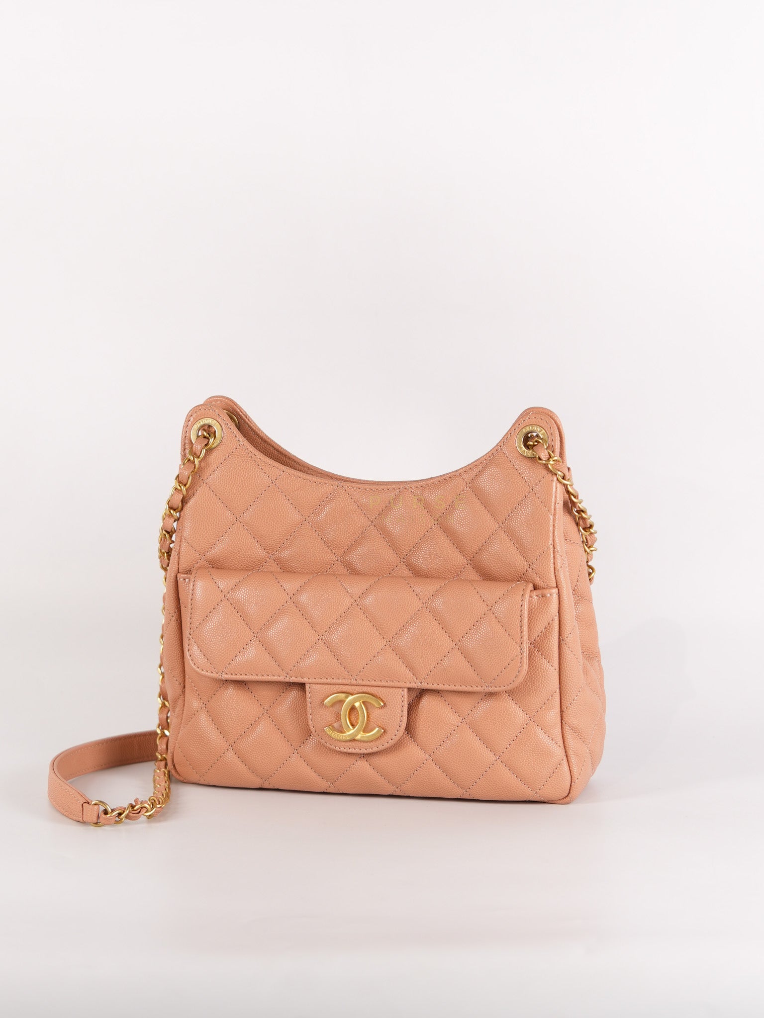 Wavy Small Hobo Caramel Caviar Leather in Aged Gold Hardware (Microchip) | Purse Maison Luxury Bags Shop