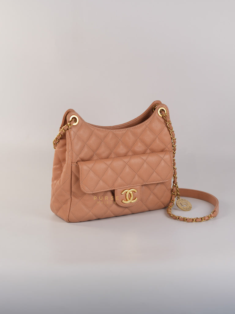 Wavy Small Hobo Caramel Caviar Leather in Aged Gold Hardware (Microchip) | Purse Maison Luxury Bags Shop