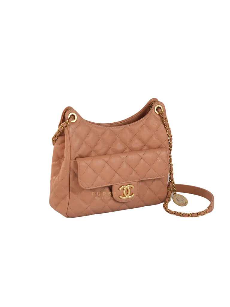 Wavy Small Hobo Caramel Caviar Leather in Aged Gold Hardware (Microchip) | Purse Maison Luxury Bags Shop