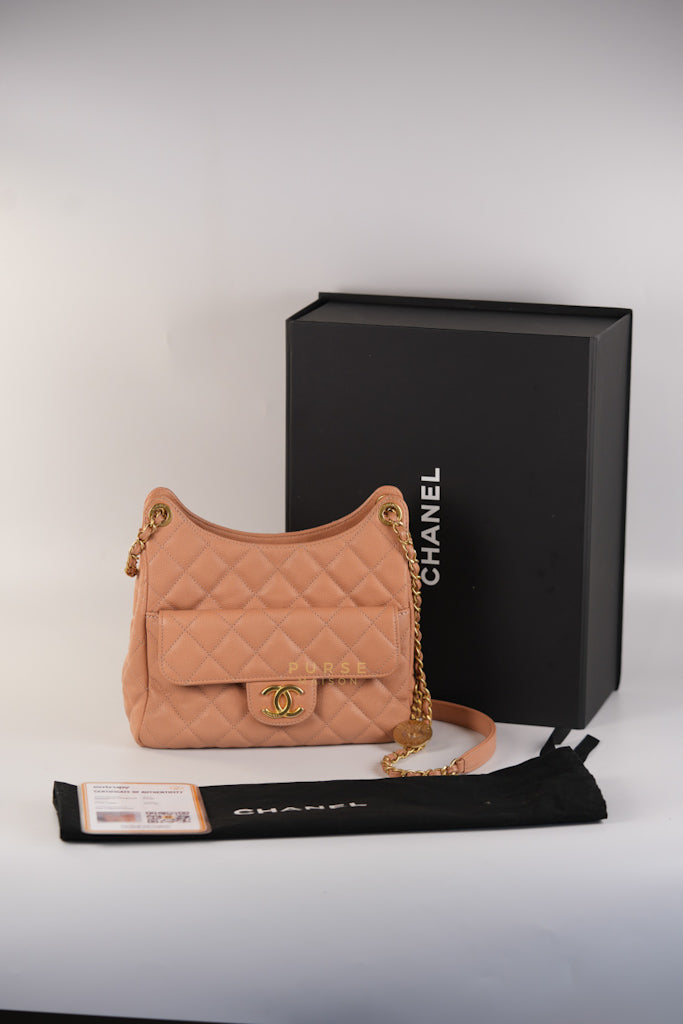 Wavy Small Hobo Caramel Caviar Leather in Aged Gold Hardware (Microchip) | Purse Maison Luxury Bags Shop