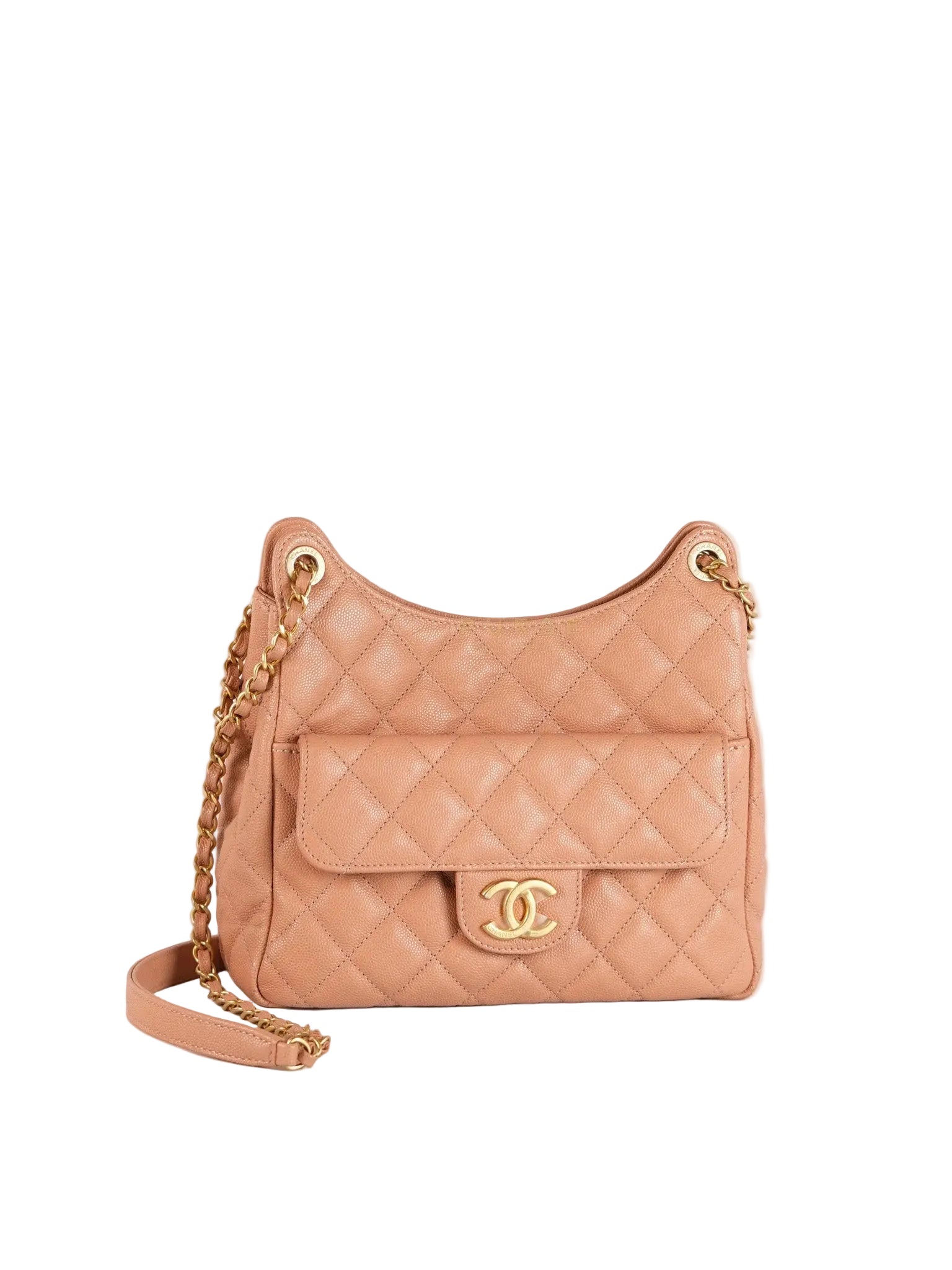 Wavy Small Hobo Caramel Caviar Leather in Aged Gold Hardware (Microchip) | Purse Maison Luxury Bags Shop