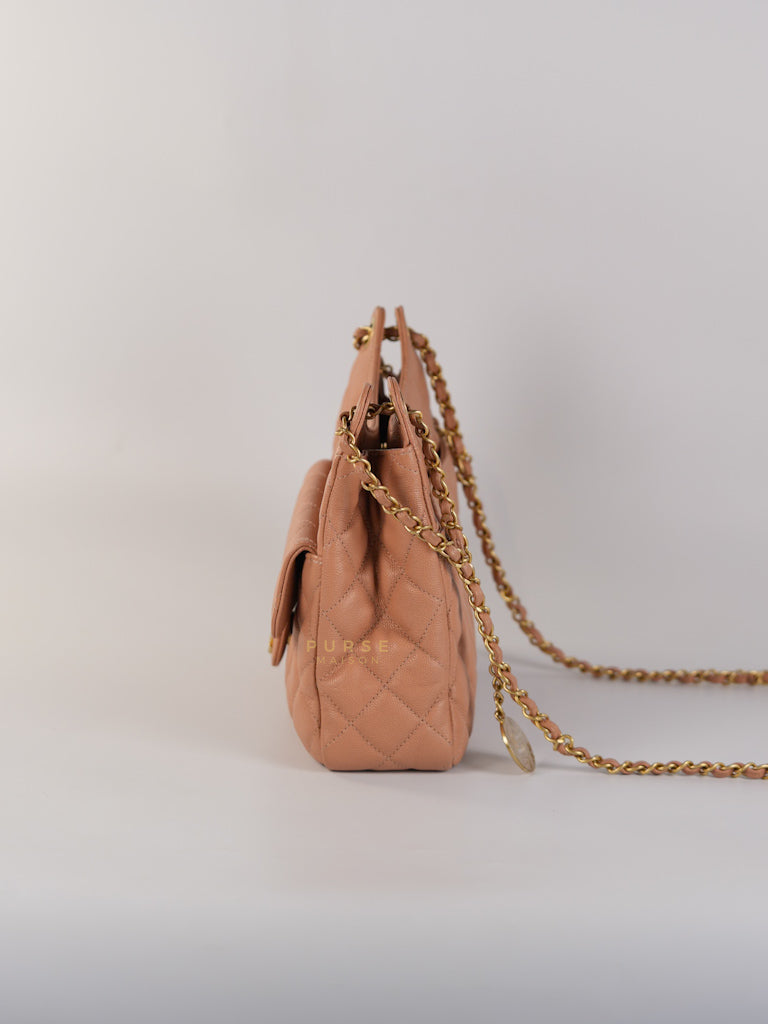 Wavy Small Hobo Caramel Caviar Leather in Aged Gold Hardware (Microchip) | Purse Maison Luxury Bags Shop