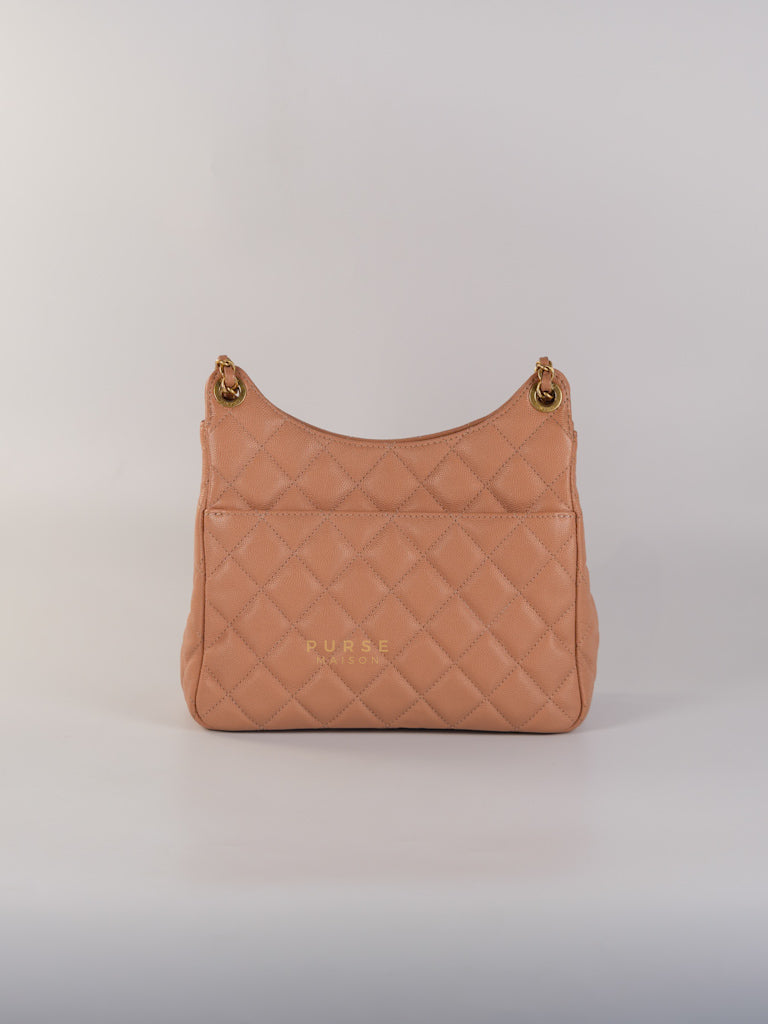 Wavy Small Hobo Caramel Caviar Leather in Aged Gold Hardware (Microchip) | Purse Maison Luxury Bags Shop