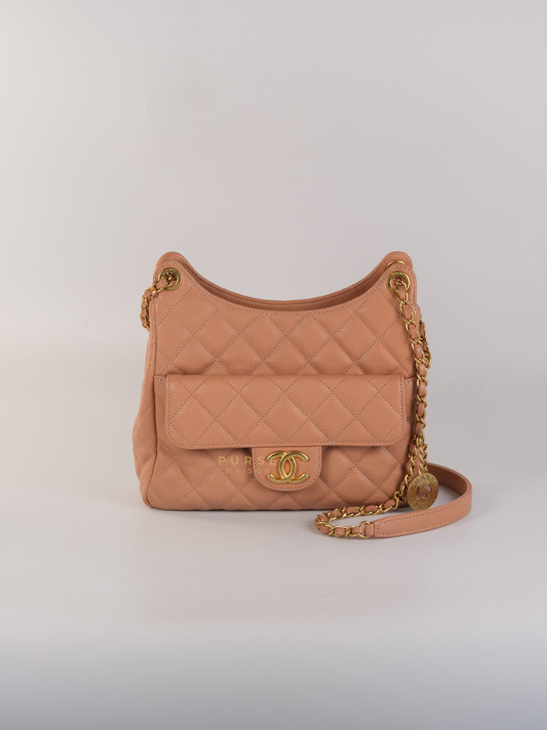 Wavy Small Hobo Caramel Caviar Leather in Aged Gold Hardware (Microchip) | Purse Maison Luxury Bags Shop