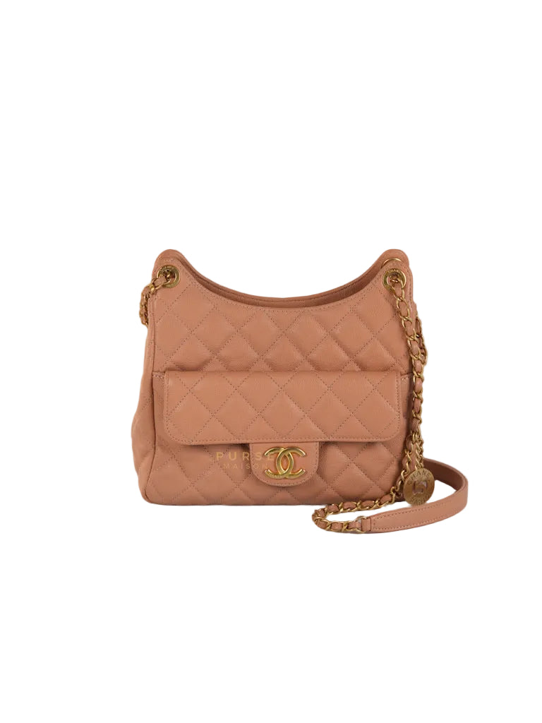 Wavy Small Hobo Caramel Caviar Leather in Aged Gold Hardware (Microchip) | Purse Maison Luxury Bags Shop