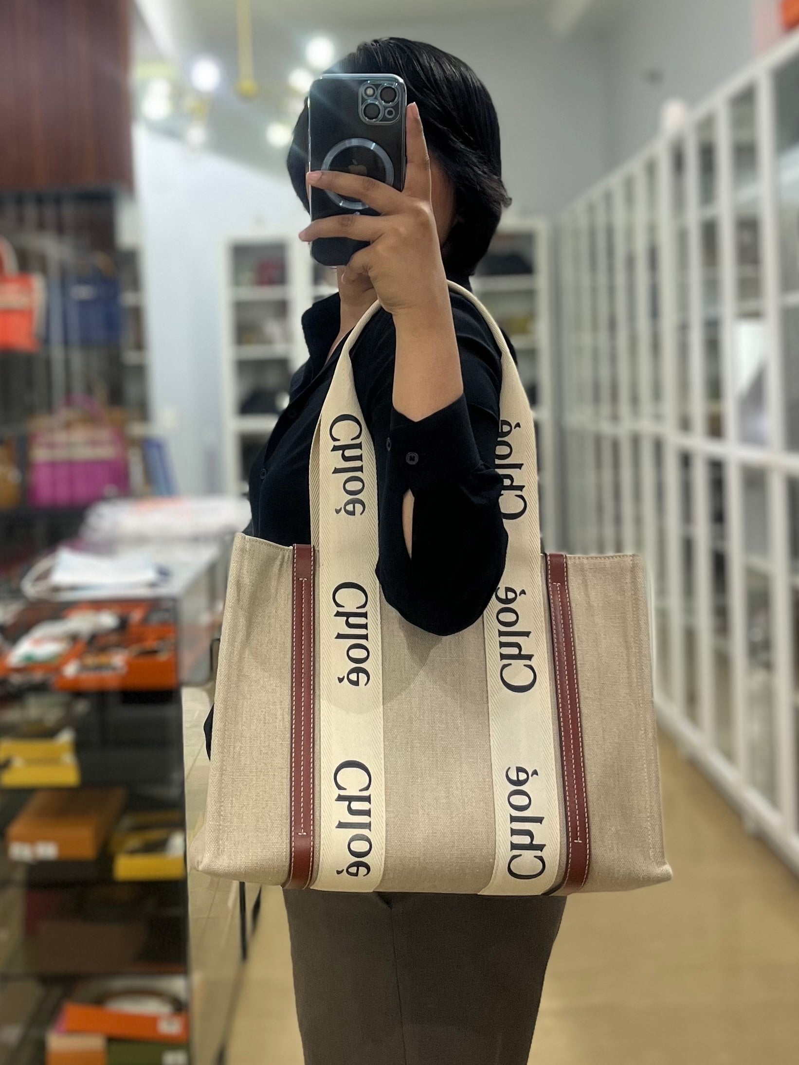 Woody Canvas & Calf Leather Tote Bag Medium | Purse Maison Luxury Bags Shop