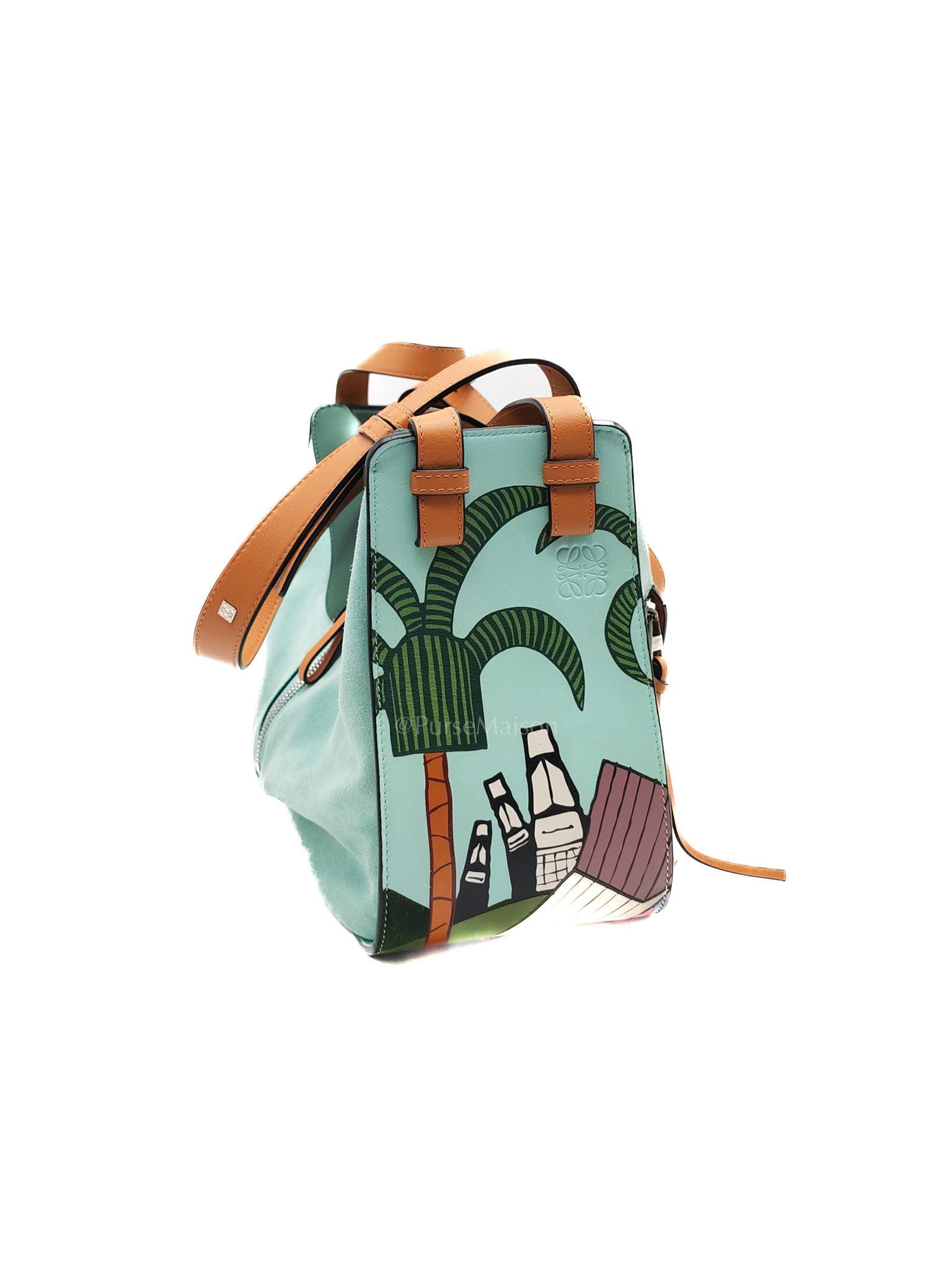 x Ken Price Hammock Bag Small in Multicolor Mint Green, Tan and Blue Cartoon Palm Trees Design | Purse Maison Luxury Bags Shop