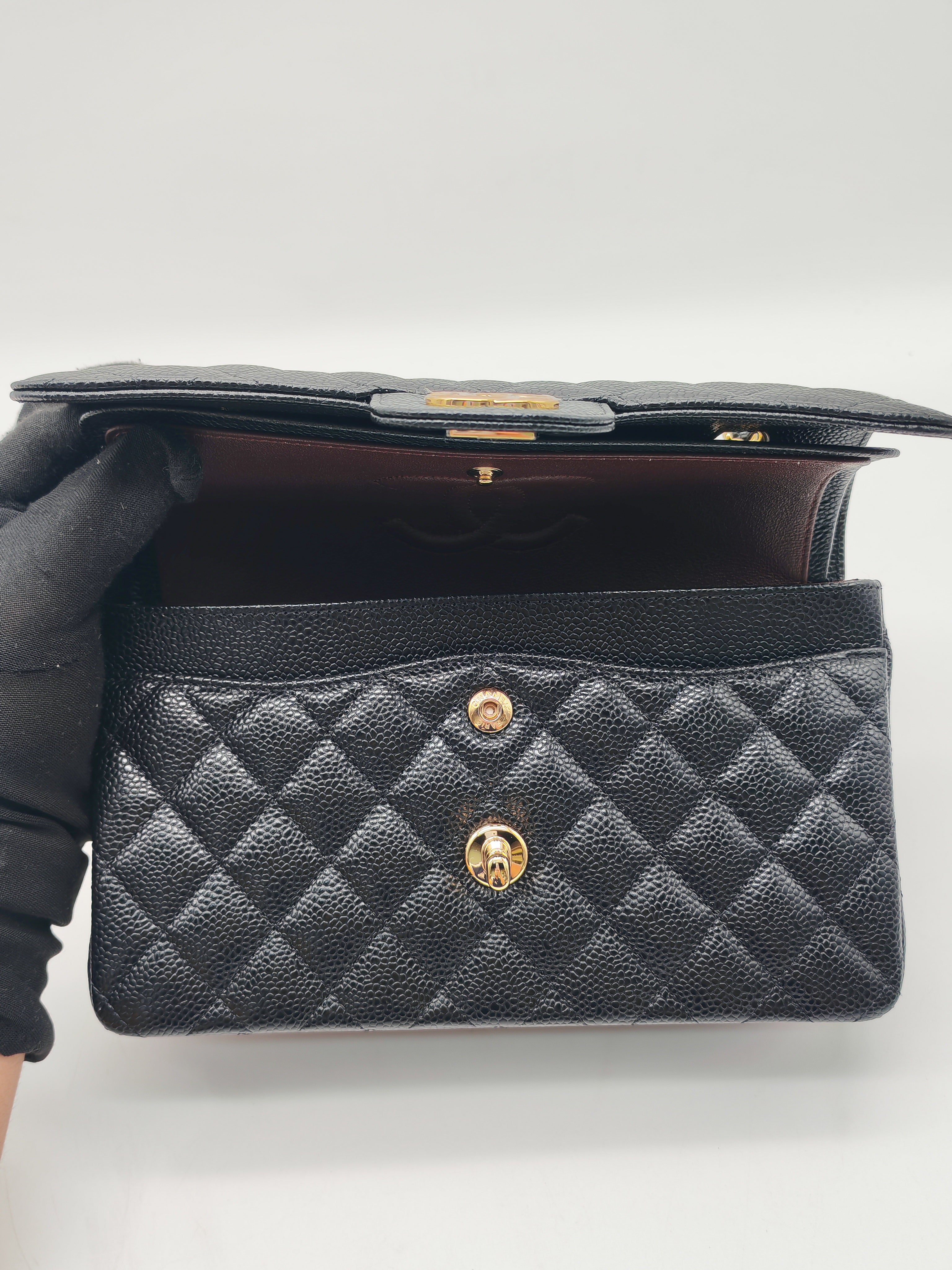 Chanel Classic Double Flap Bag Small in Black Caviar Leather Gold Hardware Microchip CX****KJ