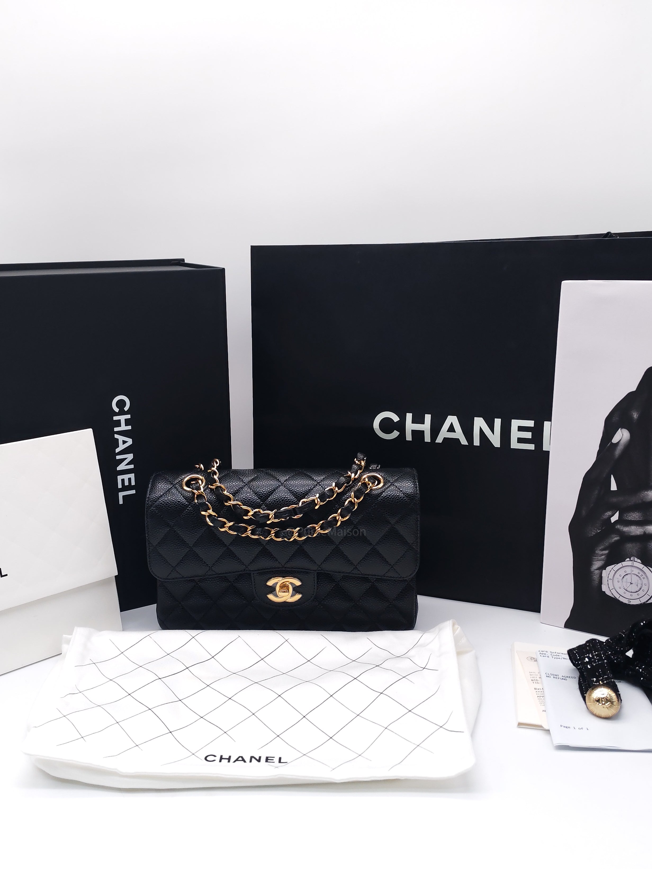 Chanel Classic Double Flap Bag Small in Black Caviar Leather Gold Hardware Microchip CX****KJ