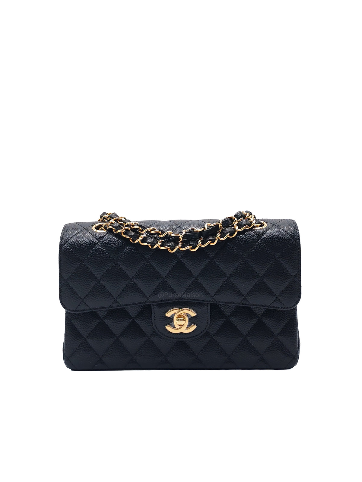 Chanel Classic Double Flap Bag Small in Black Caviar Leather Gold Hardware Microchip CX****KJ
