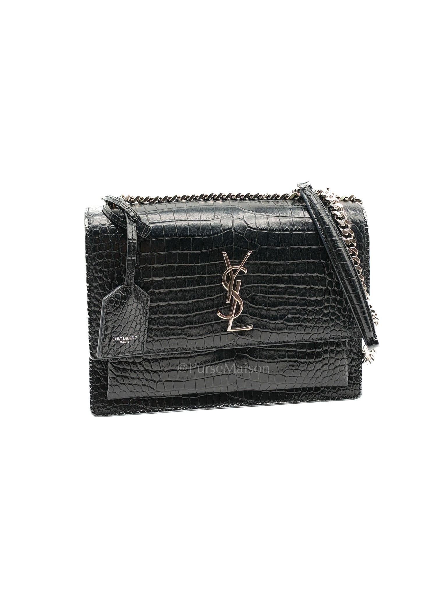 Yves Saint Laurent Sunset Medium Shoulder Bag in Black Shiny Crocodile Leather and Silver Hardware