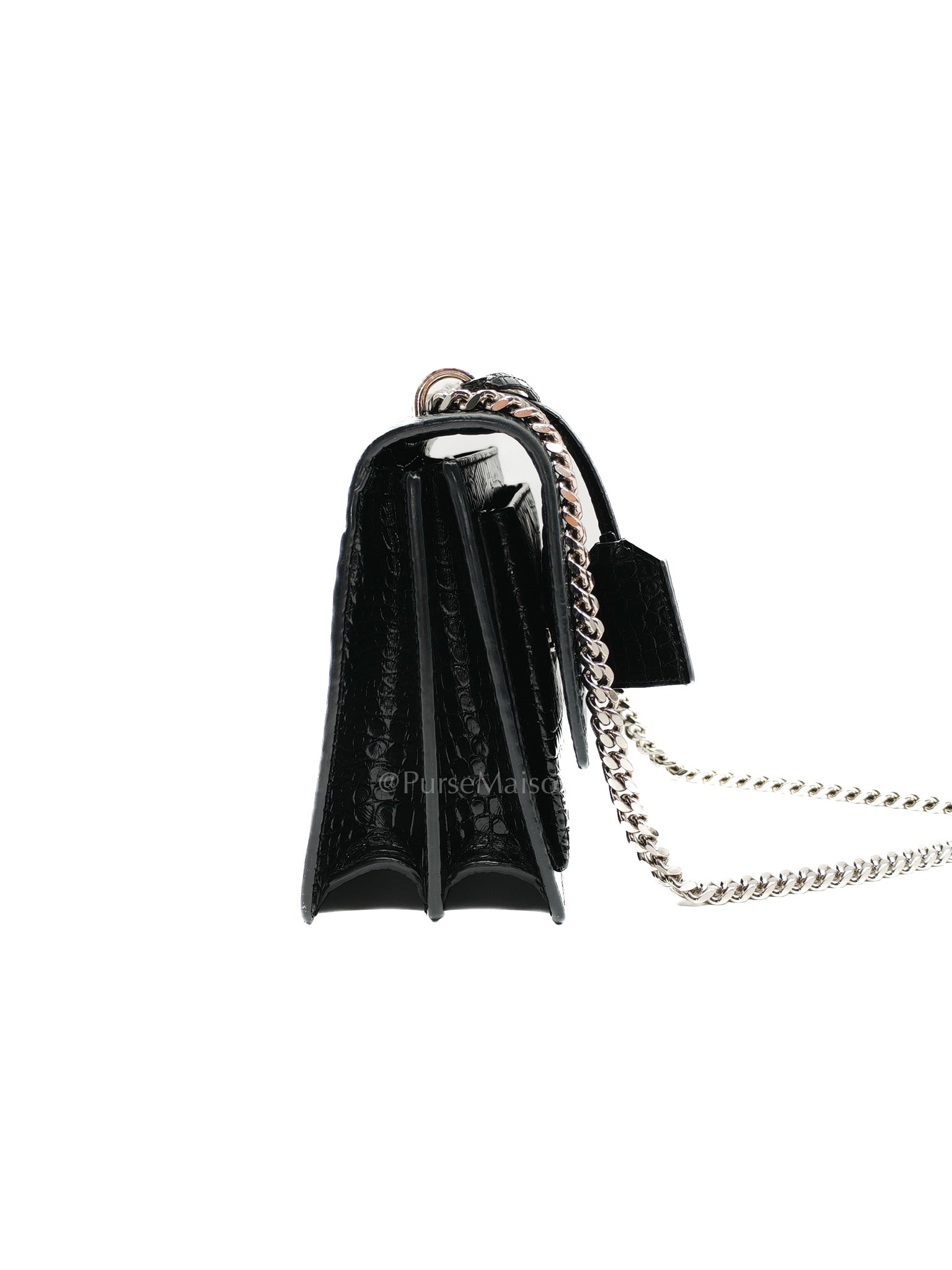 Yves Saint Laurent Sunset Medium Shoulder Bag in Black Shiny Crocodile Leather and Silver Hardware